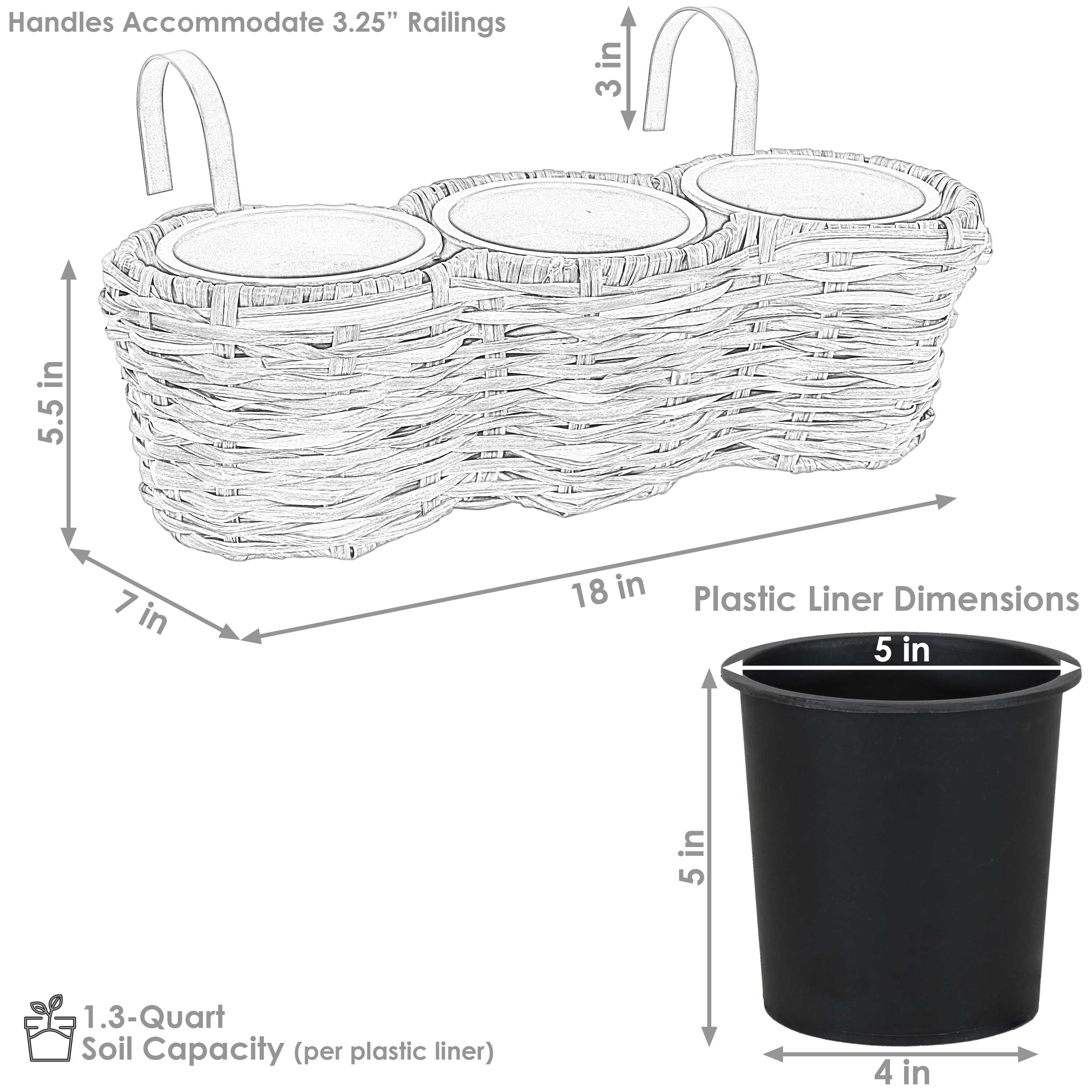 Sunnydaze Round Polyrattan 3-Section Over the Rail Planter - Hanging Flower Box for Balcony, Deck, Porch & Window Railings - Outdoor Garden Decor