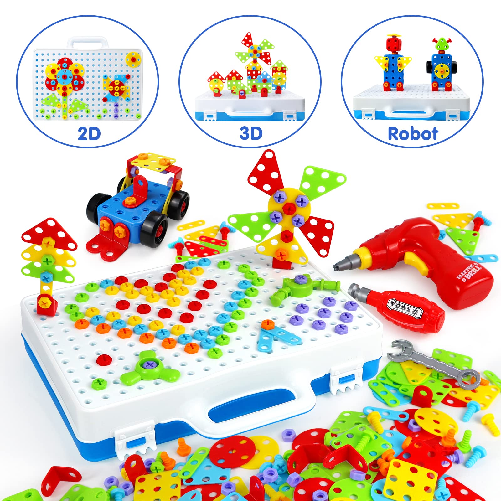 STEM Building Toys 232 Pcs - Electric Drill Construction Set for Kids Ages 3-8 | DIY Educational Engineering Kit with Mosaic Blocks | Creative Learning Gift for Boys & Girls | Perfect for Classroom STEM Activities & Home Playtime