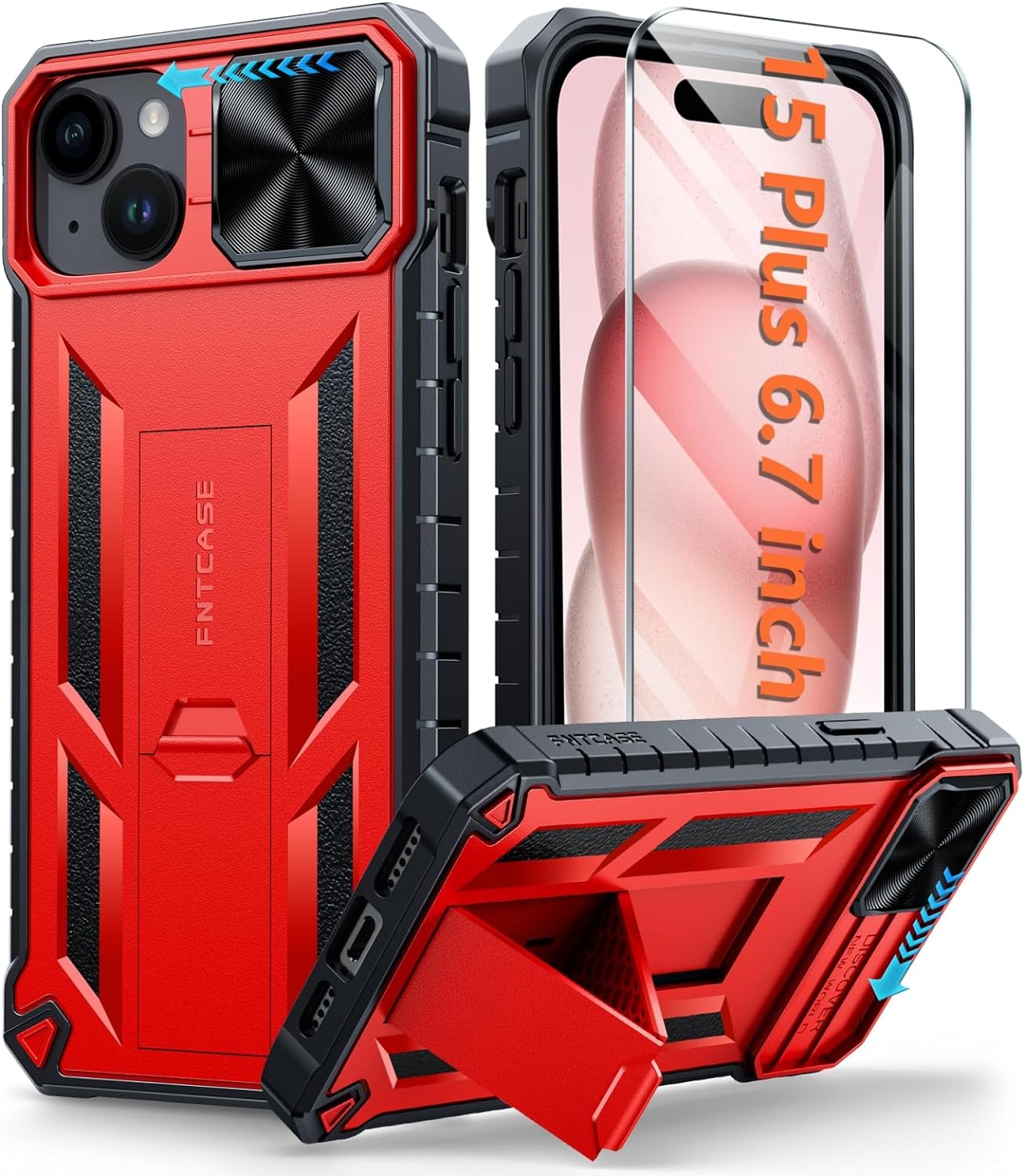 iPhone 15 Plus Heavy Duty Shockproof Case with Kickstand - Rugged Protective Phone Cover for Outdoor, Work & Travel | Compatible with Wireless Charging