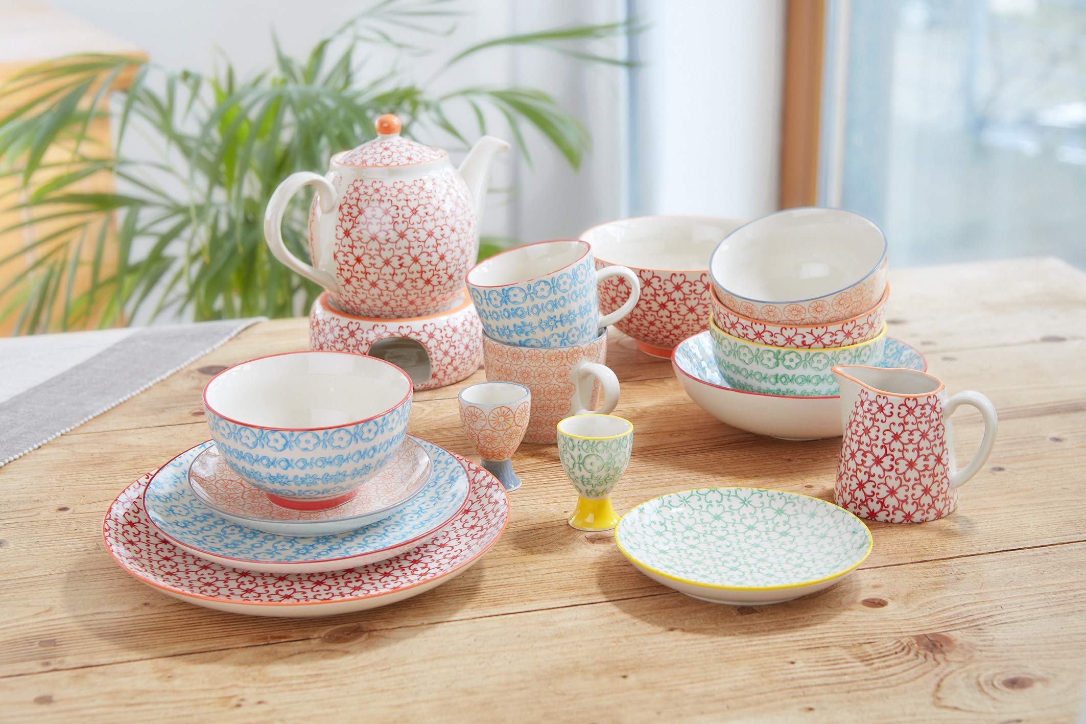 Bloomingville 4-Pack Colorful Ceramic Coffee Mugs - 10.5 oz Stoneware Tea Cups for Cappuccino, Espresso & Hot Drinks - Blue, Orange, Green, Red Handle-Free Design - Perfect for Home, Office & Cafes