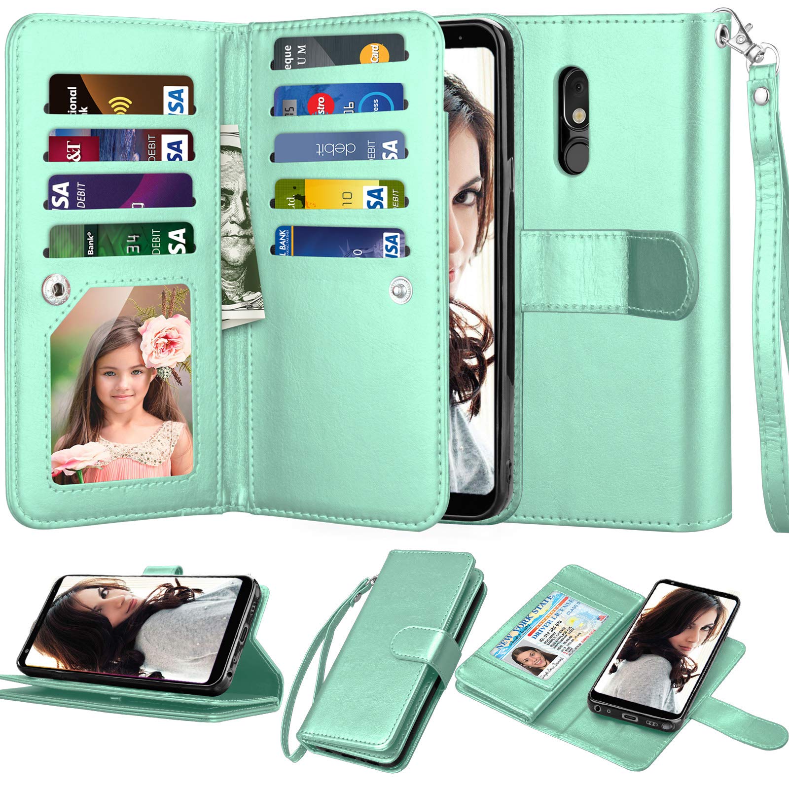 NJJEX Wallet Case for LG Stylo 5/5X/5V/5 Plus - PU Leather Folio Cover with 9 Card Slots, Detachable Kickstand & Magnetic Closure - Mint Green Phone Case for Work, Travel and Everyday Use