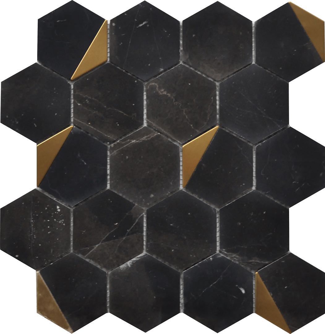 Premium Inlay Brass Gold Nero Hexagon Tile - Elegant Mosaic Floor and Wall Decor for Bathroom, Kitchen, and Backsplash