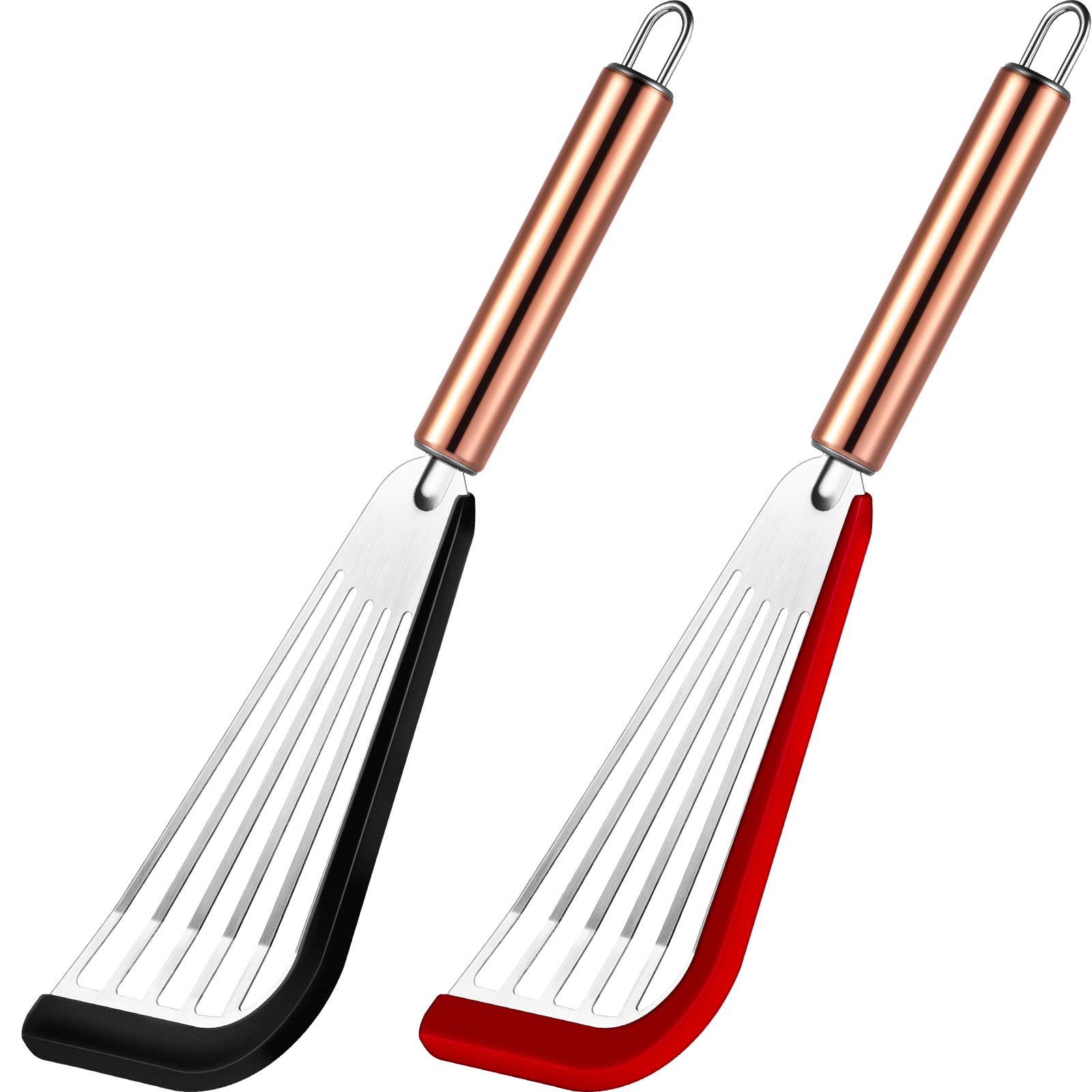2-Piece Flexible Stainless Steel Slotted Spatula Set with Silicone Edge & Golden Handle - Black & Red Kitchen Turner for Flipping Pancakes, Eggs & Burgers - Perfect for Non-Stick Cookware & Grilling