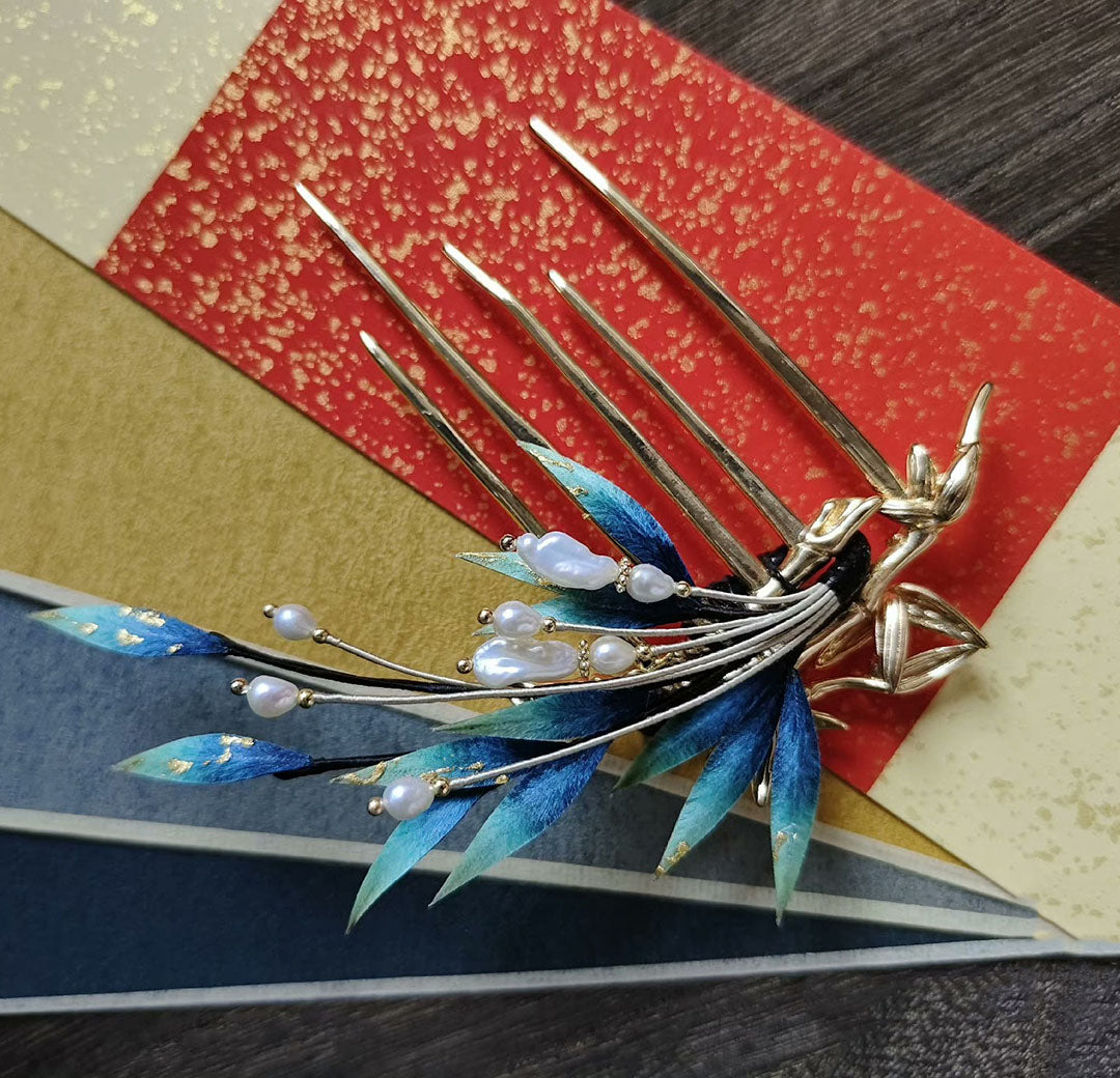 Exquisite Blue Leaves Silk Hairpin - Handcrafted Hair Accessory for Women (Ronghua) | Perfect for Weddings, Parties & Special Occasions
