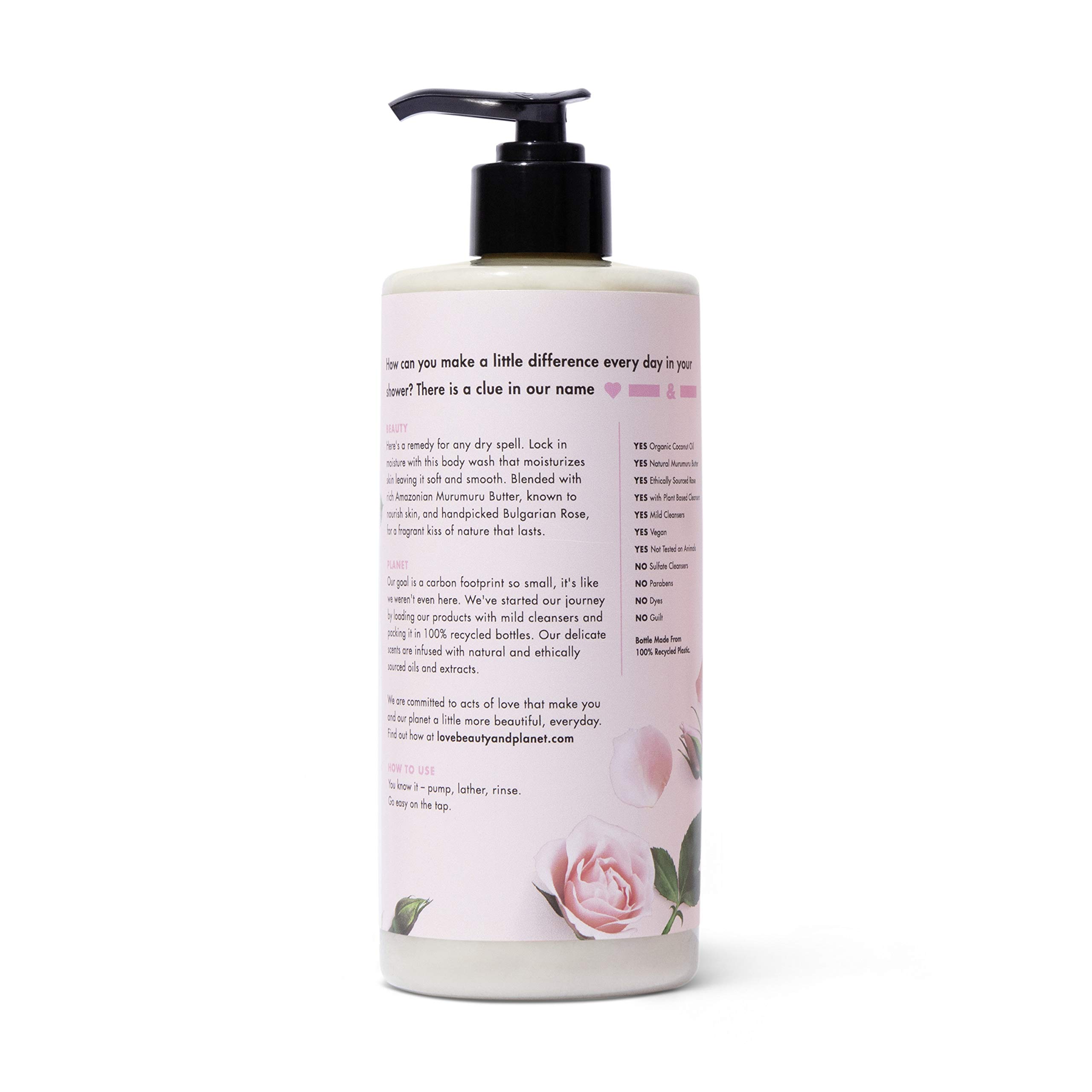 Love Beauty And Planet Bountiful Moisture Body Wash with Murumuru Butter | Silicone-Free, Paraben-Free, Vegan | Hydrating & Cleansing for Soft Skin | Rose Scent, 16 Fl Oz | Perfect for Daily Shower & Self-Care Routine