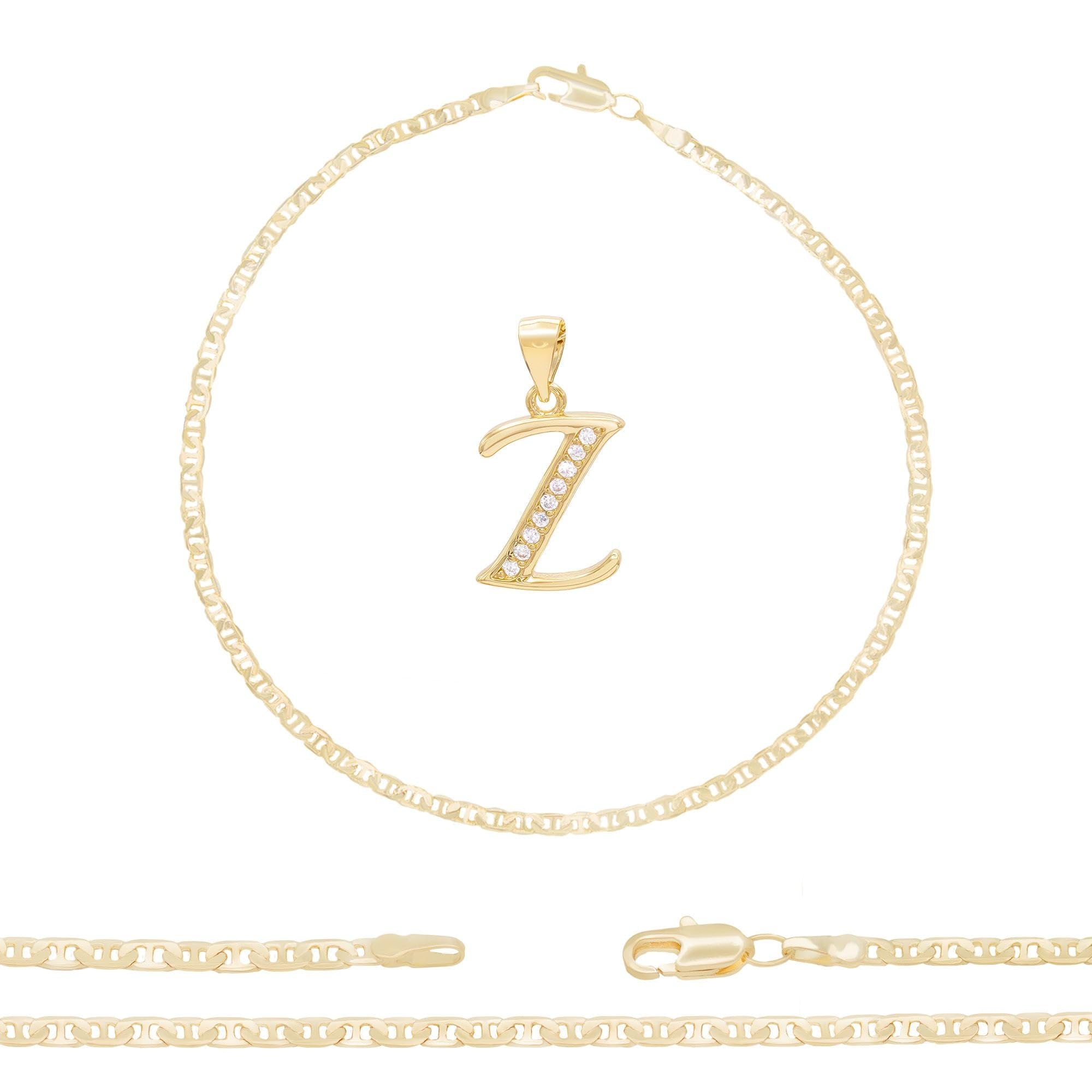 BEBERLINI Letter CZ Charm Initial Anklet - 14K Gold Filled Mariner Chain Ankle Bracelet for Women | Dainty Jewelry Gift for Her, Birthday, Anniversary, Everyday Wear