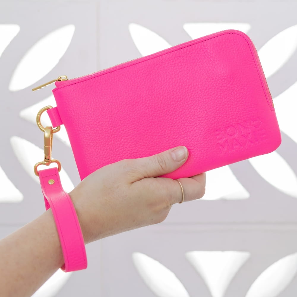 Premium Leather Phone Wallet Pouch - Neon Pink | RFID Blocking | Securely Holds Cards & Cash | Perfect for Travel, Shopping & Everyday Use