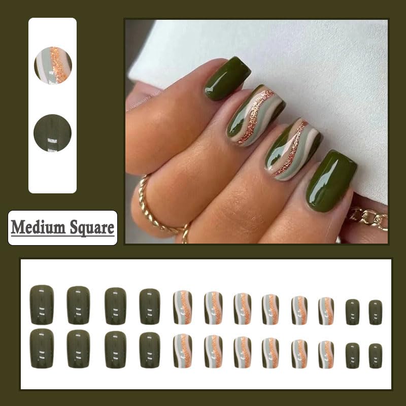 Fashion Gold Wave Design Short Medium Square Press on Nails - 24Pcs Acrylic Full Cover Fake Nails for Women & Girls - Perfect for Daily Wear, Wedding, Parties & Special Occasions