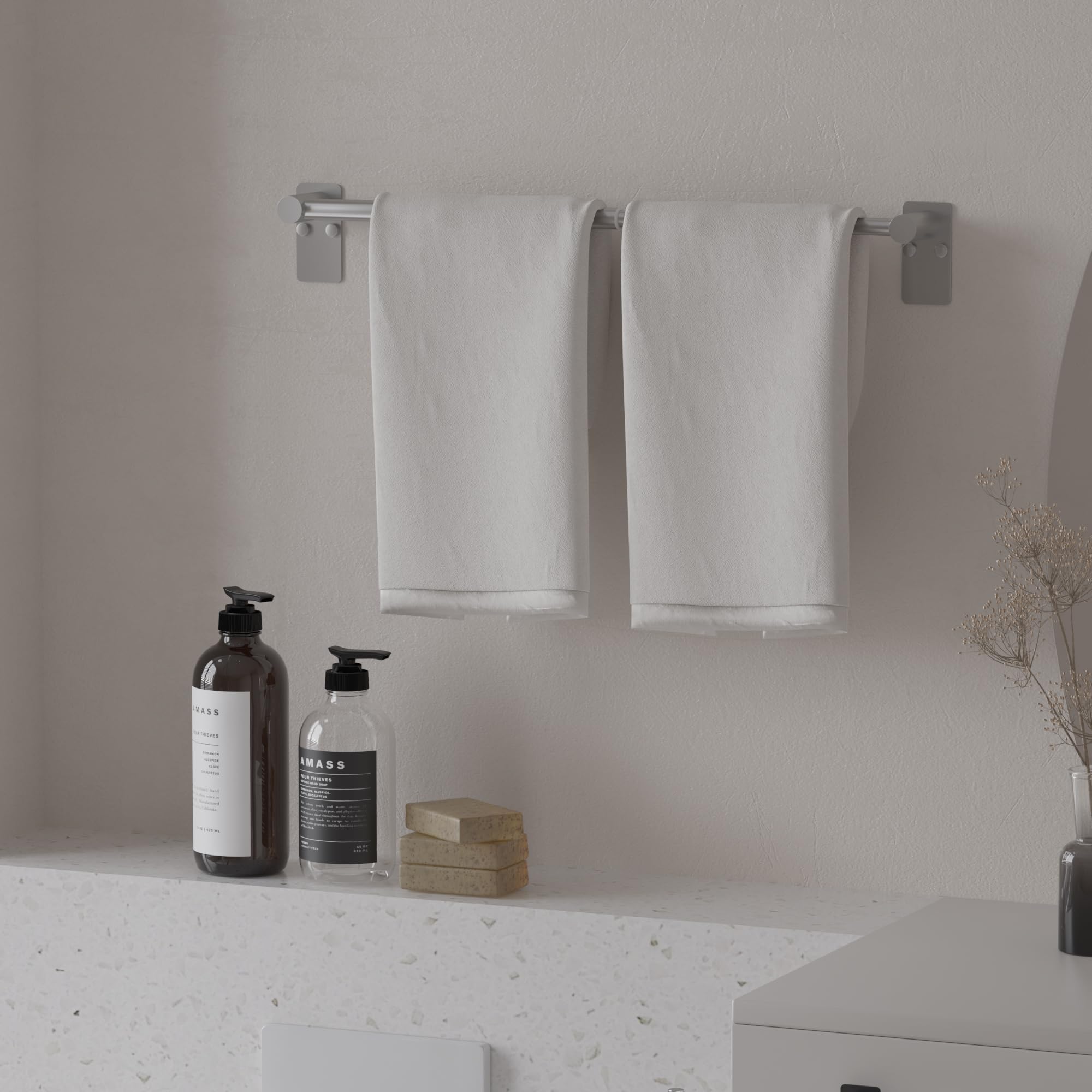 Adjustable Towel Bar 14.4-25.2 Inch, Self Adhesive & Wall Mounted Stainless Steel Hand Towel Rack for Bathroom & Kitchen - SUS 304 Brushed Nickel Finish, Perfect for Organizing Towels, Cloths and Robes in Home or Hotel Spaces