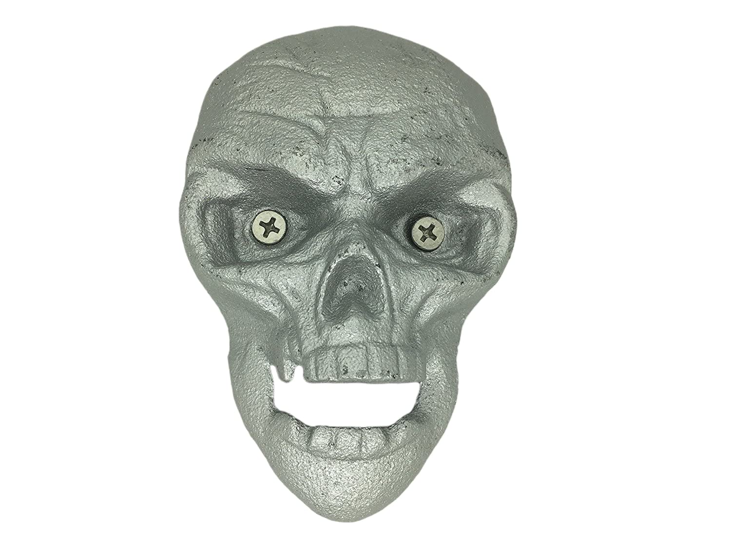 SWONVI Cast Iron Wall Mount Grizzly Black Skull Bottle Opener with Teeth - Vintage Style Silver Skull Beer Bottle Opener for Home Bar, Man Cave, and Outdoor Parties