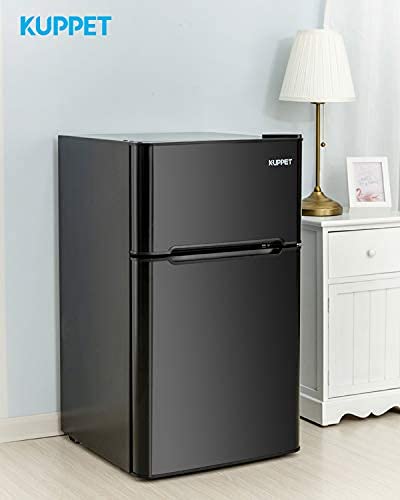 3.2 Cu.Ft Mini Compact Refrigerator with Freezer - Double Door Small Fridge for Dorm, Office, Garage, Basement, RV & Camping - Energy Efficient Black Mini Fridge (Perfect for Snacks, Drinks & Small Spaces)