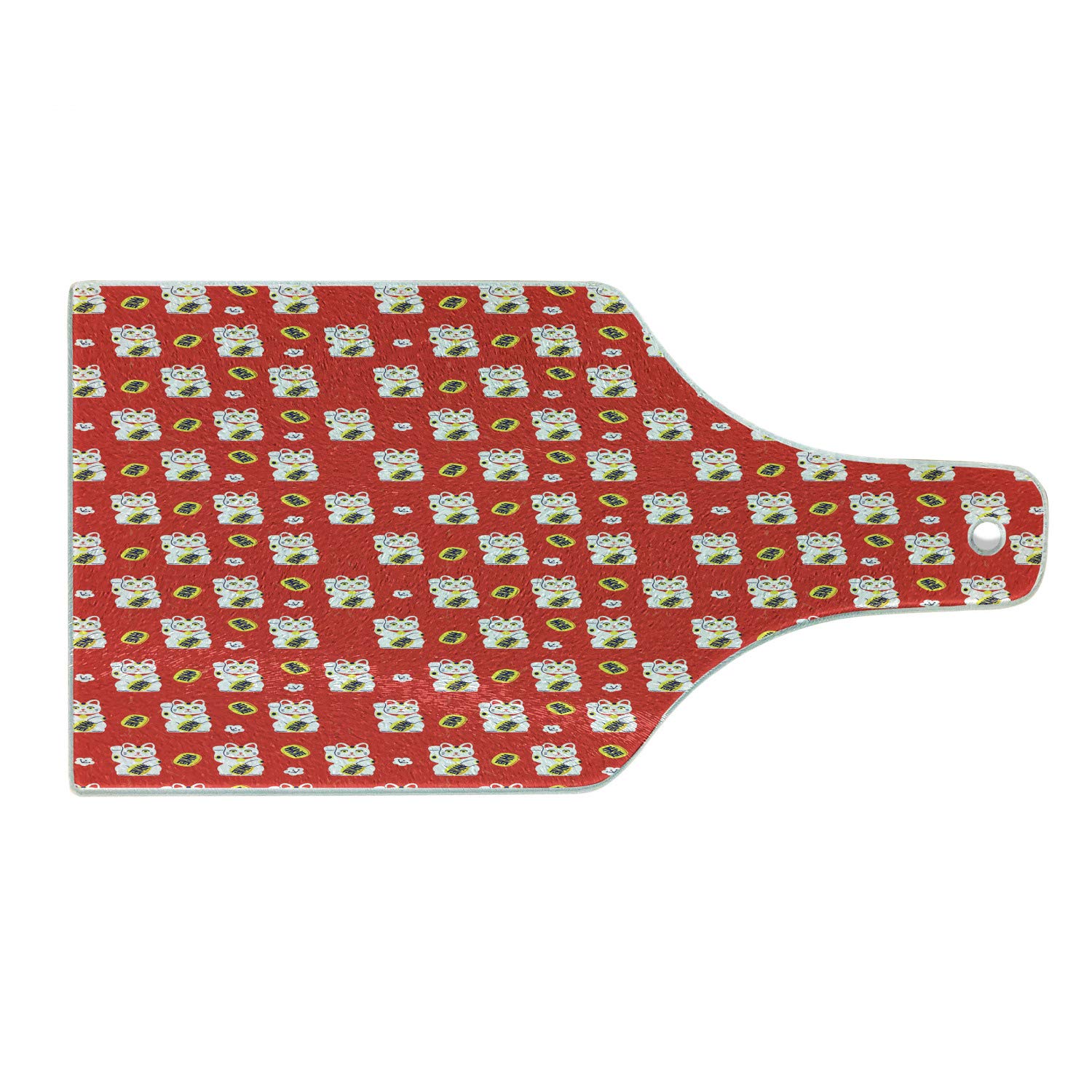 Ambesonne Japanese Cat Cutting Board - Lucky Maneki Neko with Coins Design, Tempered Glass Serving Board for Kitchen & Dining, Wine Bottle Shape in Vermilion/White/Yellow/Dark Blue/Grey - Perfect for Sushi Presentation, Charcuterie, and Wine Pairing Parties