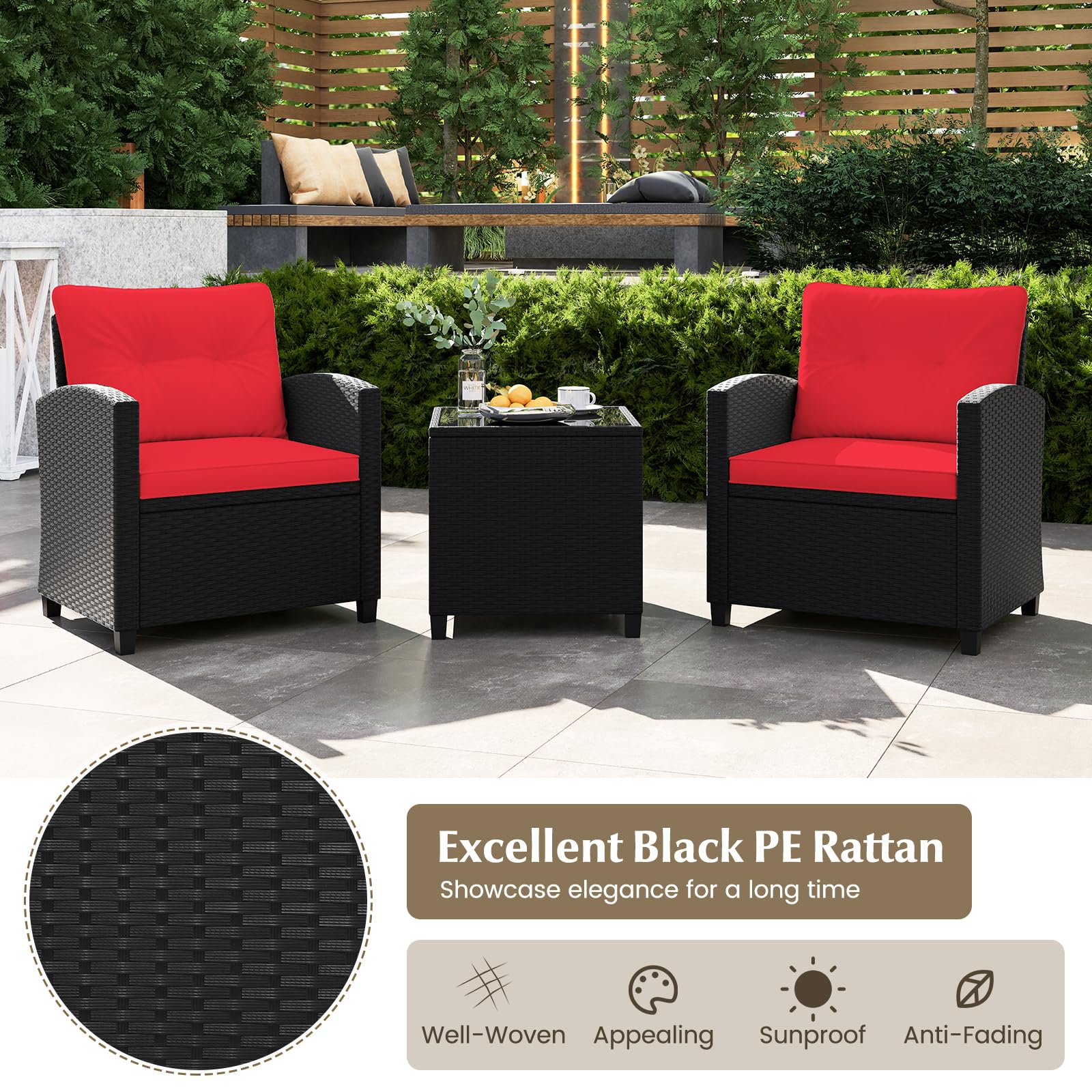 Tangkula 3-Piece Outdoor Patio Furniture Set - Rattan Wicker Sofa Set with Soft Cushions & Glass Coffee Table - Durable Conversation Set for Backyard, Porch, Poolside, Garden (Red) - Perfect for Relaxing, Entertaining & Outdoor Gatherings