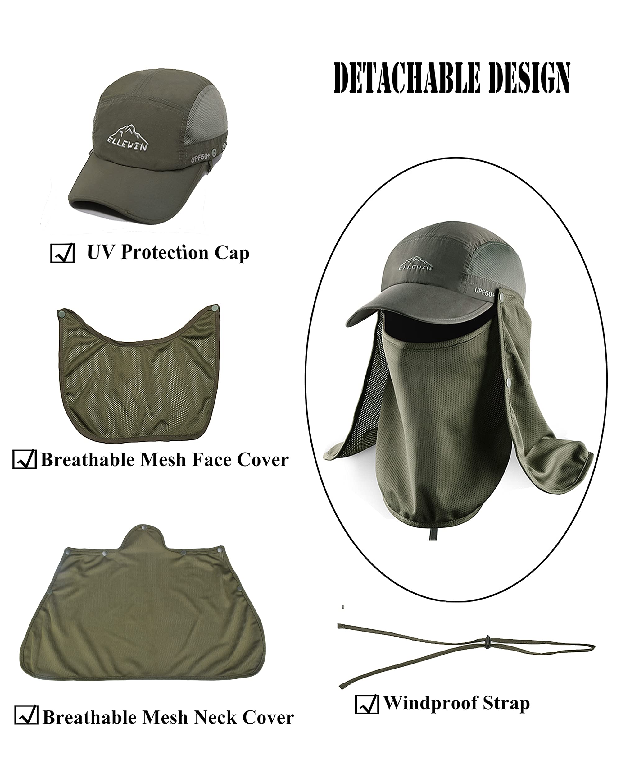 ELLEWIN UPF 50+ Sun Hat for Men & Women - Wide Brim Fishing Hat with Neck Flap & Face Cover - UV Protection Outdoor Hat for Beach, Hiking, Gardening & Travel