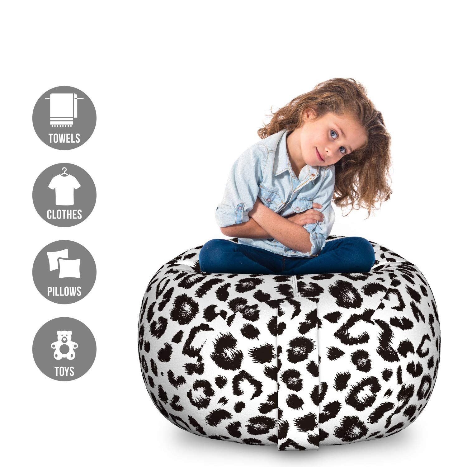 Ambesonne Leopard Print Storage Toy Bag Chair - Large Washable Stuffed Animal Organizer with Monochrome Sketchy Spots Design, Charcoal Grey & White - Perfect for Kids' Room, Playroom & Nursery Organization