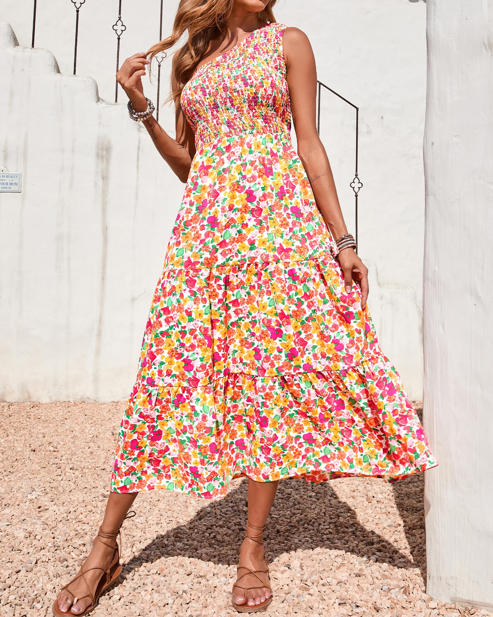 BTFBM Women's One Shoulder Floral Maxi Dress - Sleeveless High Waist Boho Beach Dress for Summer 2025 | Casual Smocked Flowy Dress for Vacations, Parties & Outdoor Events