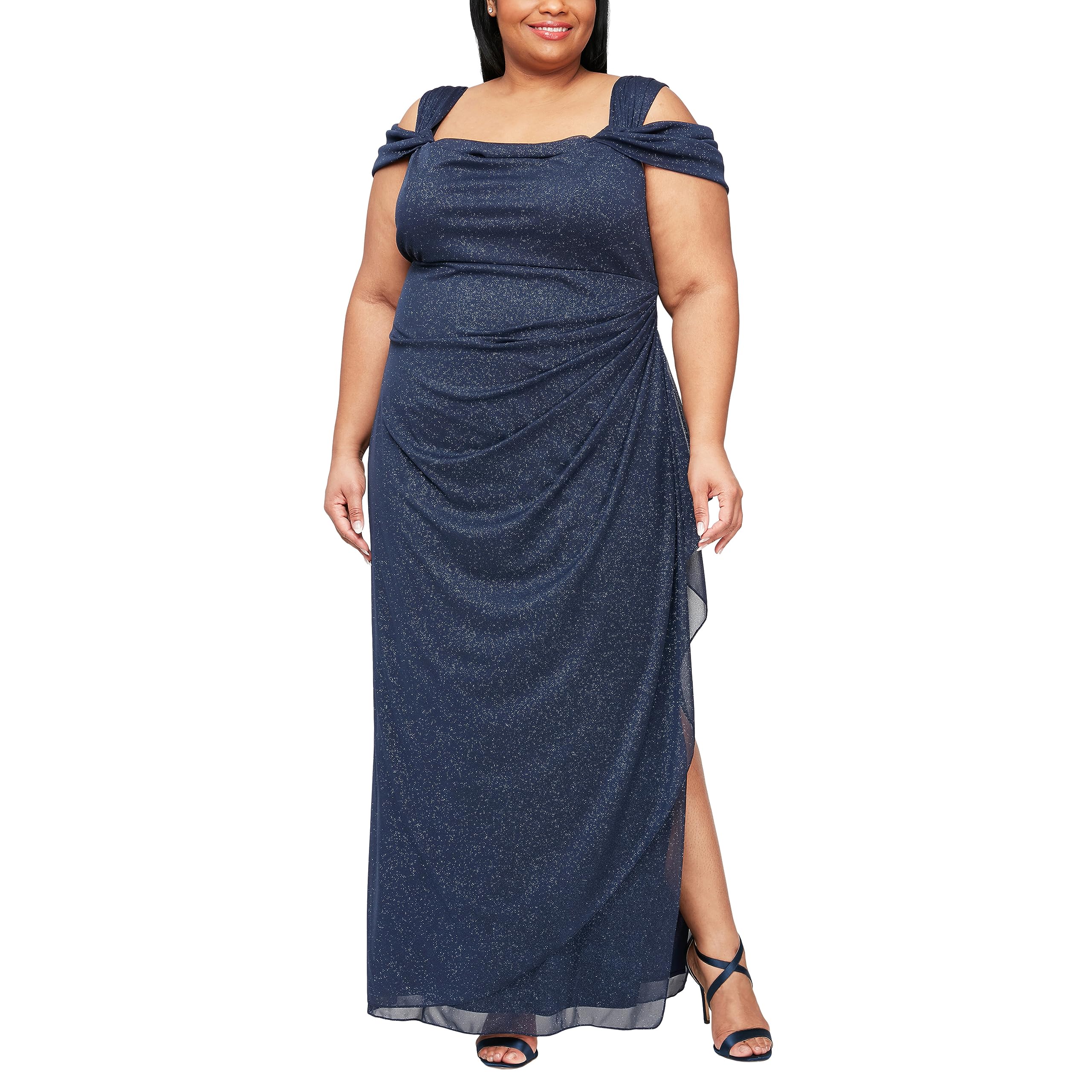 Alex Evenings Women's Plus Size Long Cold Shoulder Mother of The Bride Dress with Ruched Skirt - Elegant Formal Gown for Weddings, Evening Parties & Special Occasions