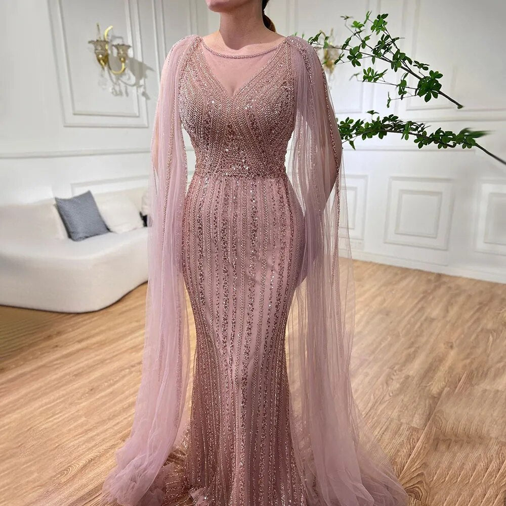 Elegant Blue Mermaid Evening Gown with Cape Sleeves & Beaded Details - Arabic Long Dress for Women Wedding Party 2025 - Perfect for Formal Events, Red Carpet & Special Occasions