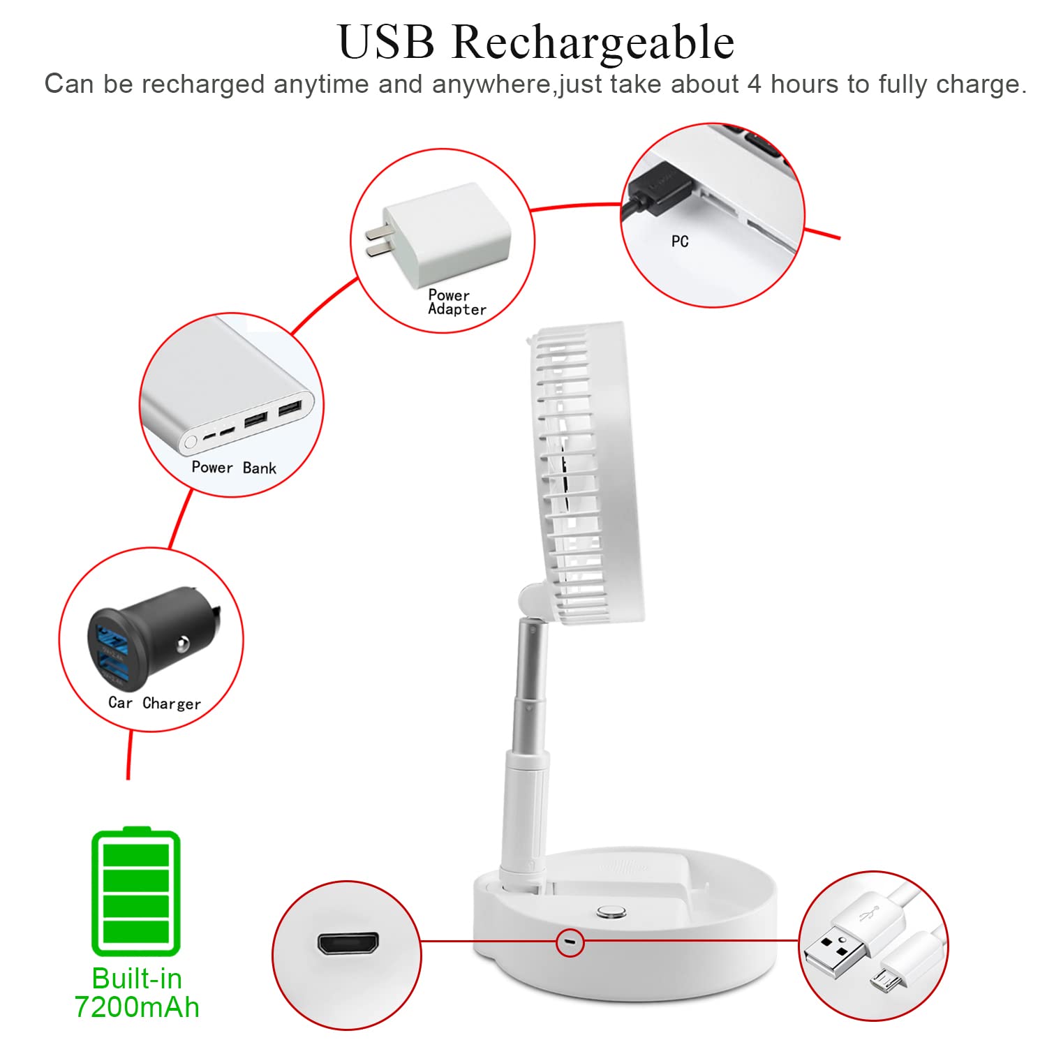 Upgraded 4-Speed Oscillating Fan - Height Adjustable, Folding & Portable with 7200mAh Rechargeable Battery (8.5-33.5 Hours) - Strong Wind for Home, Office, Travel, Camping & Car Use - White
