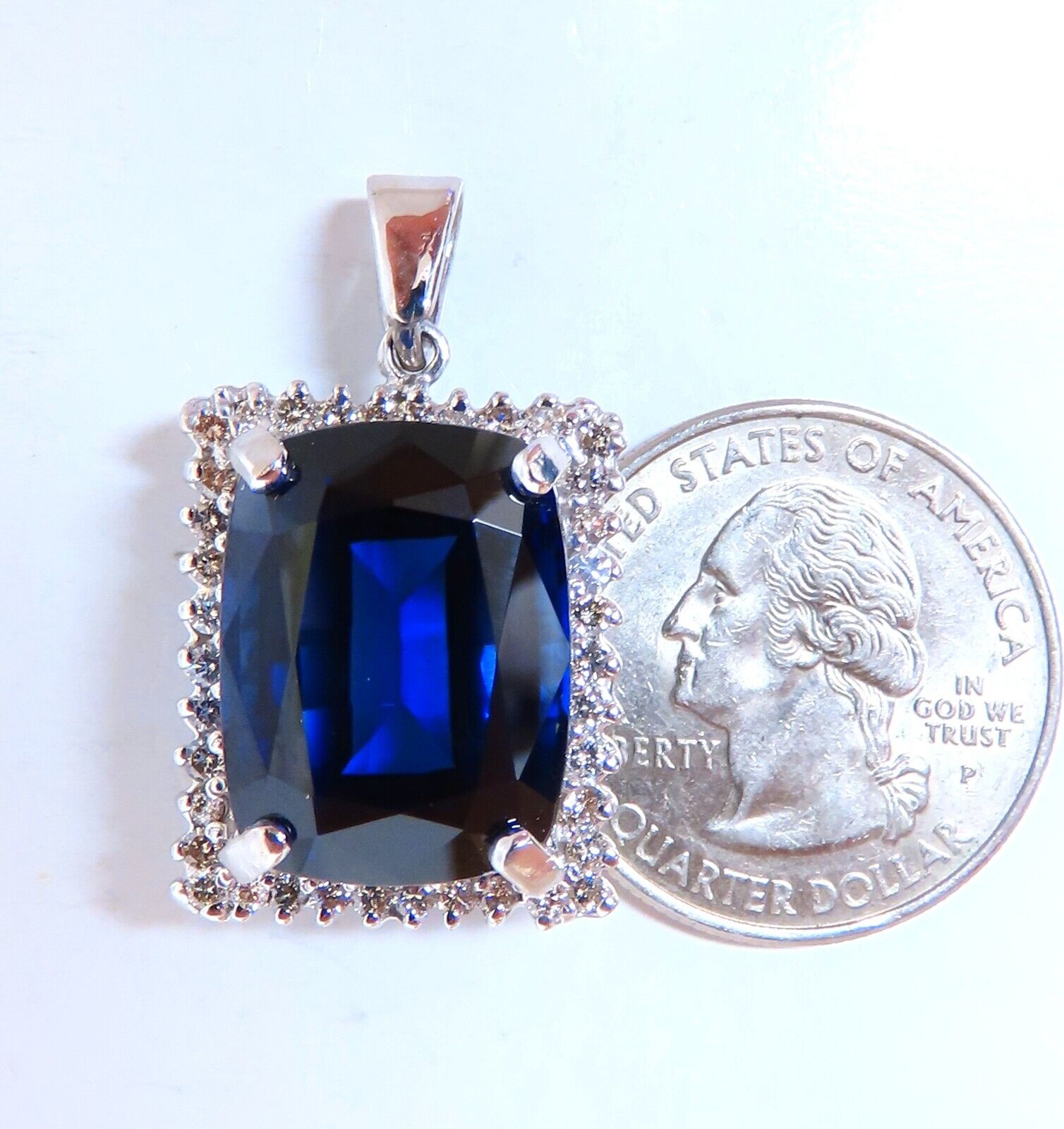 23.40ct Lab-Created Cushion Blue Sapphire & Diamond Pendant in 14K Gold | Elegant Jewelry for Weddings, Anniversaries & Special Occasions