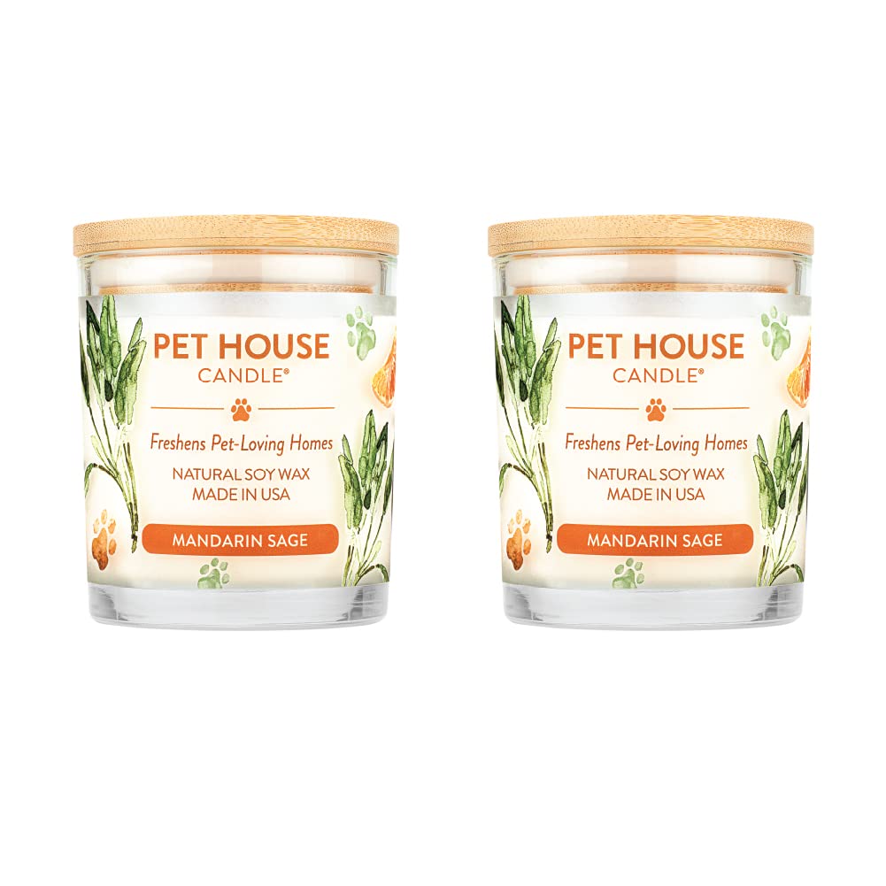 One Fur All Pet House Candle 2 Pack - Natural Soy Wax Candles for Pet Odor Elimination | Mandarin Sage Scented, Clean Burning, Long Lasting Home Fragrance | Perfect for Living Rooms, Bedrooms & Pet-Friendly Spaces