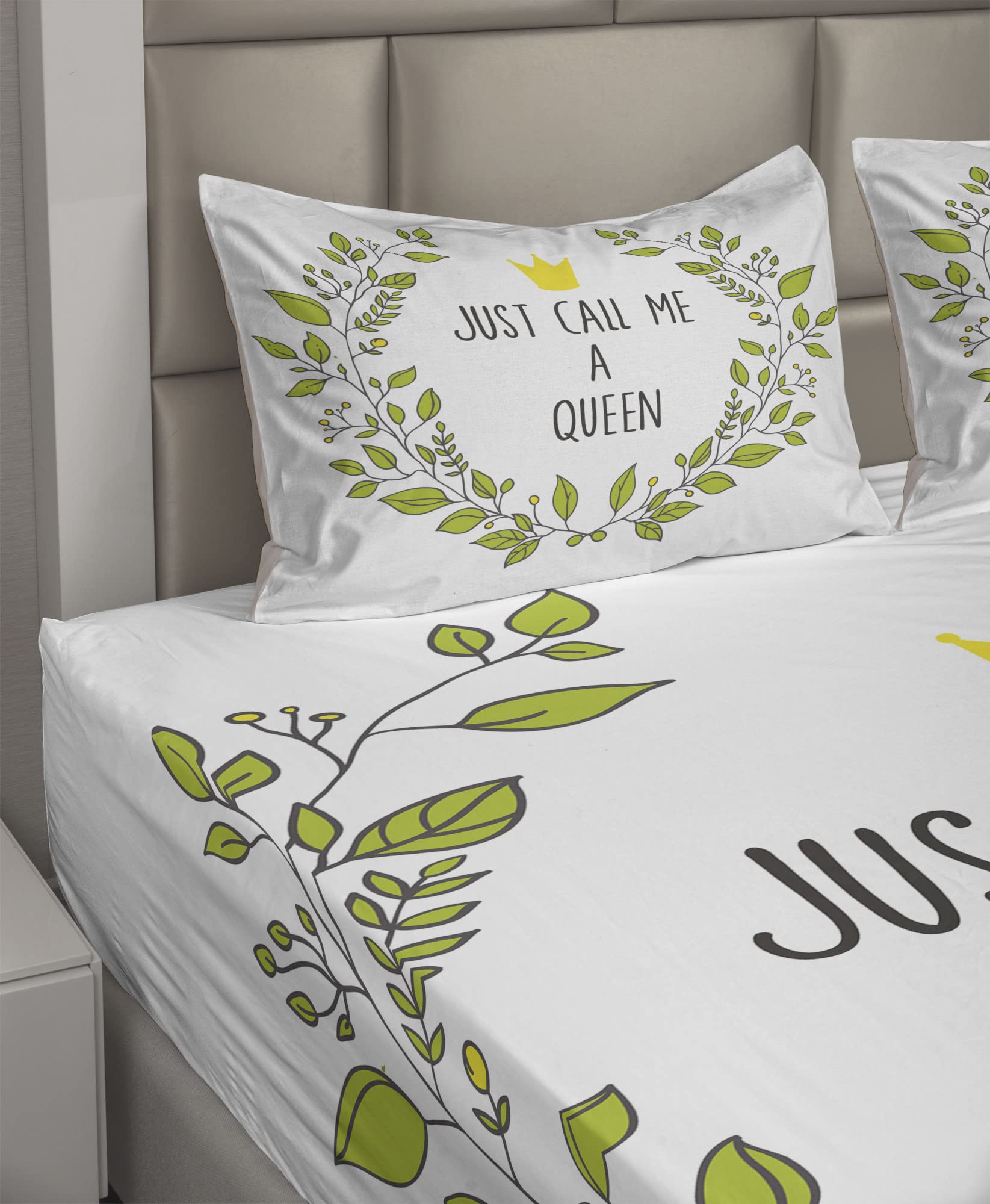 Ambesonne Queen Sheet Set - Wreath Branches with 'Just Call Me Queen' Lettering & Little Crown Design, 4-Piece Bedding Set Includes Fitted Sheet, Flat Sheet & Pillowcases, King Size in Grey Apple Green - Perfect for Master Bedrooms, Guest Rooms & Luxury Home Decor