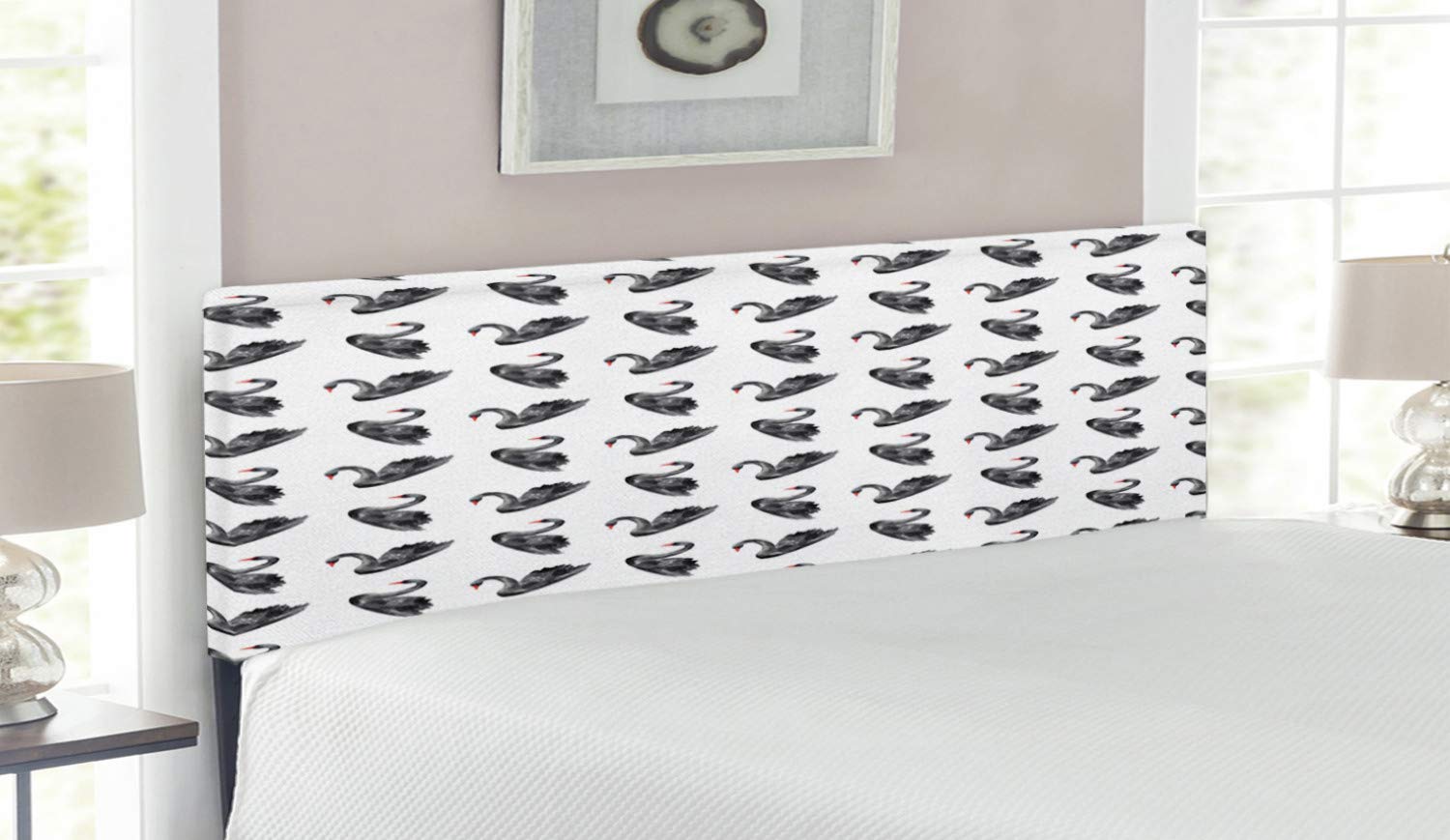 Ambesonne Queen Size Upholstered Metal Headboard with Memory Foam - Black Swan Watercolor Design in Charcoal Grey, White & Red | Elegant Bedroom Decor for Master Bedroom, Guest Room & Dorm