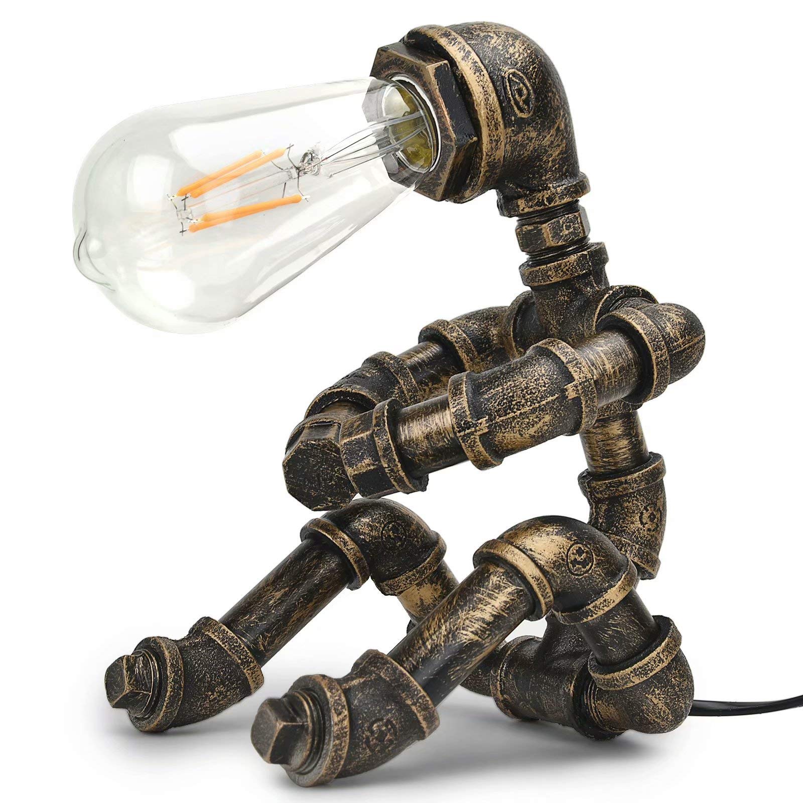 Vintage Industrial Table Lamp - Retro Steampunk Robot Design with Iron Water Pipe Base, Desk Light for Bedroom, Office, Living Room (Bulb Not Included) | Perfect for Home Decor, Reading Nook & Workspace Lighting