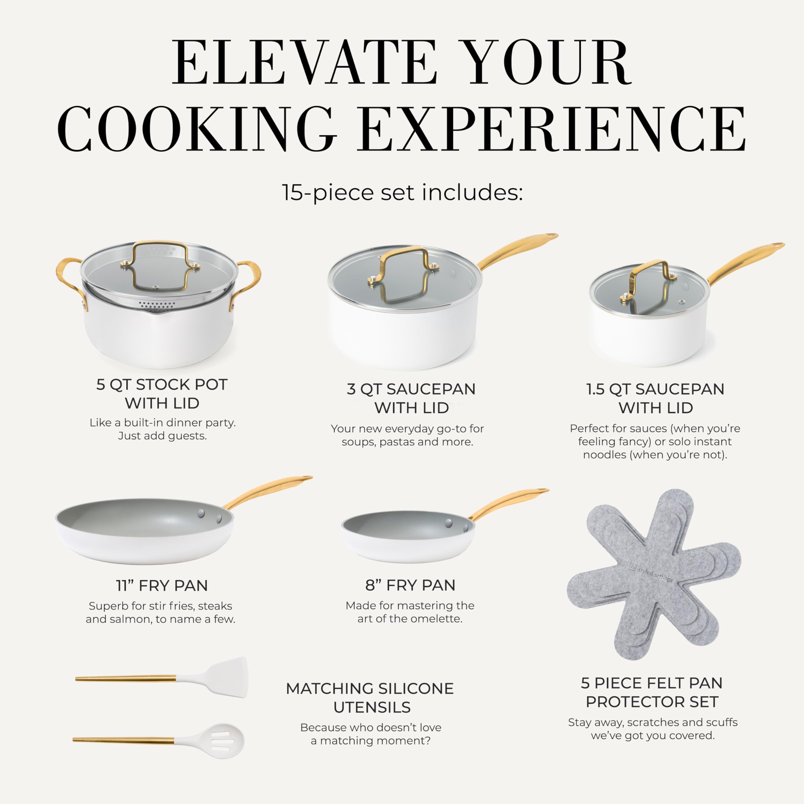 Premium 15-Piece White & Gold Nonstick Cookware Set - Heavy Gauge, PFOA-Free, Oven & Dishwasher Safe, Induction Compatible Pots & Pans for Modern Kitchens - Ideal for Cooking, Baking & Entertaining