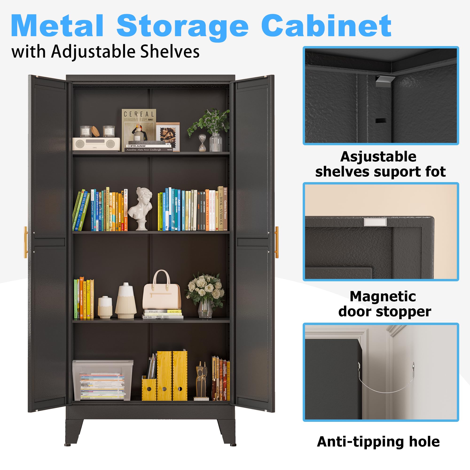 Stainless Steel Pantry Storage Cabinet with Adjustable Shelves & Feet - Heavy Duty Kitchen Organizer for Food, Spices & Supplies - Perfect for Pantry, Laundry Room, Dining Area & Home Office Storage