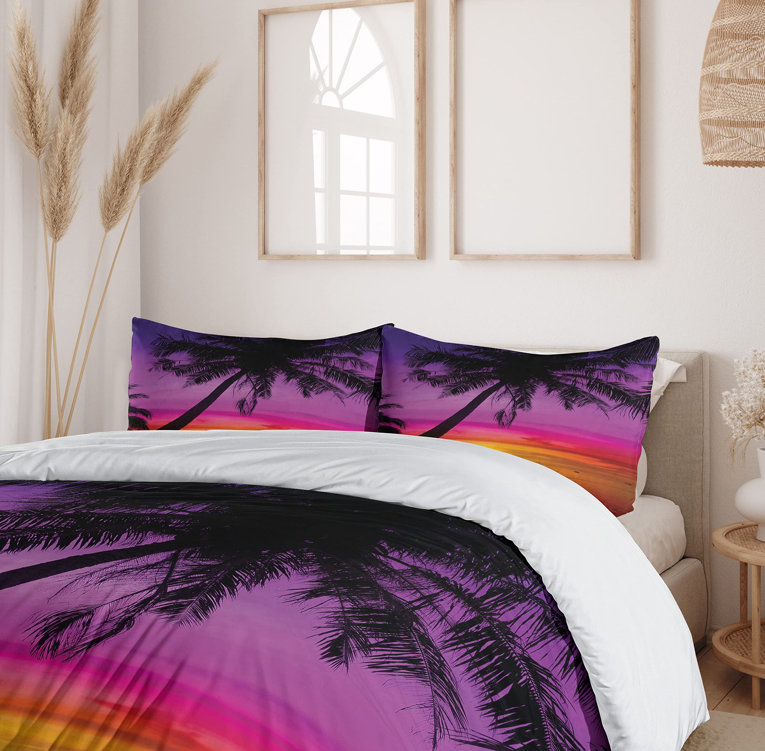 Ambesonne Tropical Duvet Cover Set - Palm Tree Beach Sunset Design, 2-Piece Twin Size Bedding with Pillow Sham in Purple, Orange & Black | Perfect for Summer Travel Themed Bedrooms & Coastal Home Decor