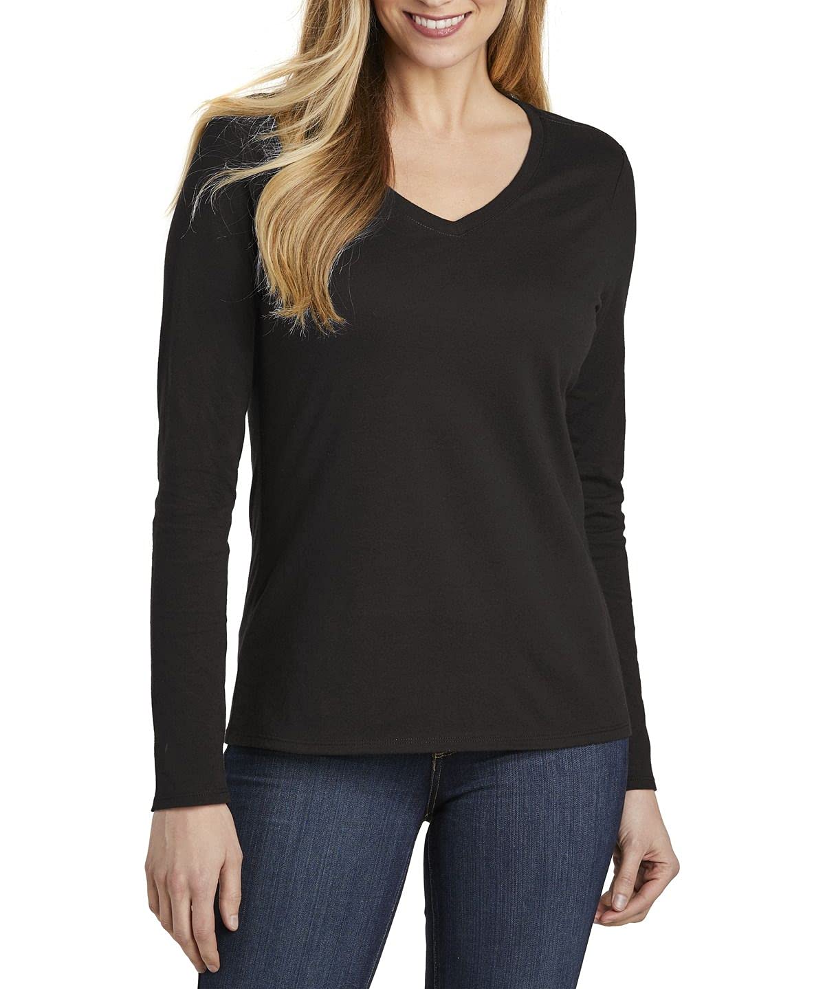 JustBlanks Women’s Long Sleeve V-Neck T-Shirt - Soft Ring Spun Cotton with Shoulder-to-Shoulder Taping - Perfect for Layering, Casual Wear & Office Outfits
