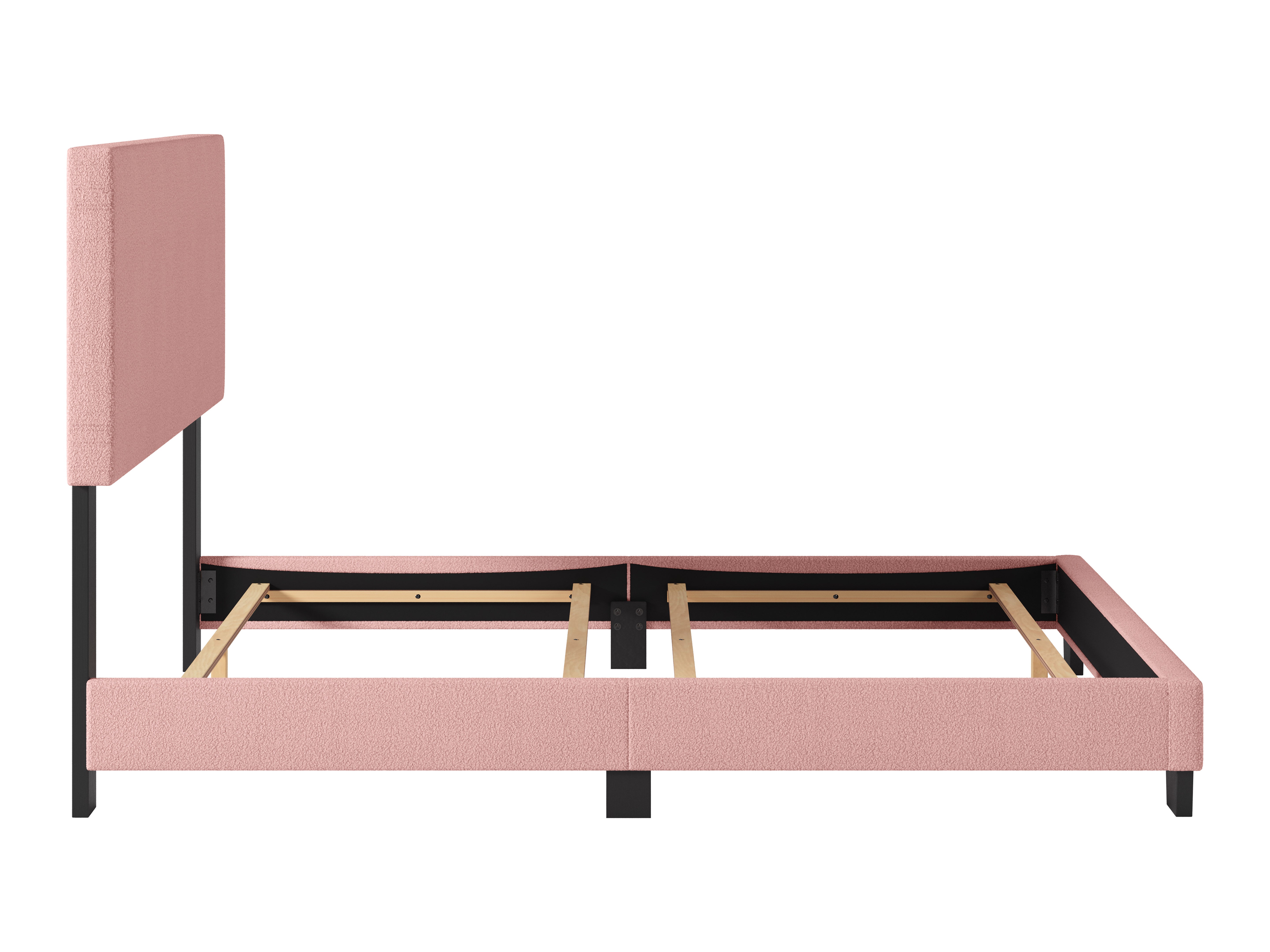 Modern Minimalist Boucle Full Bed Frame in Pink - Soft Textured Upholstered Platform Bed for Cozy Bedroom Decor