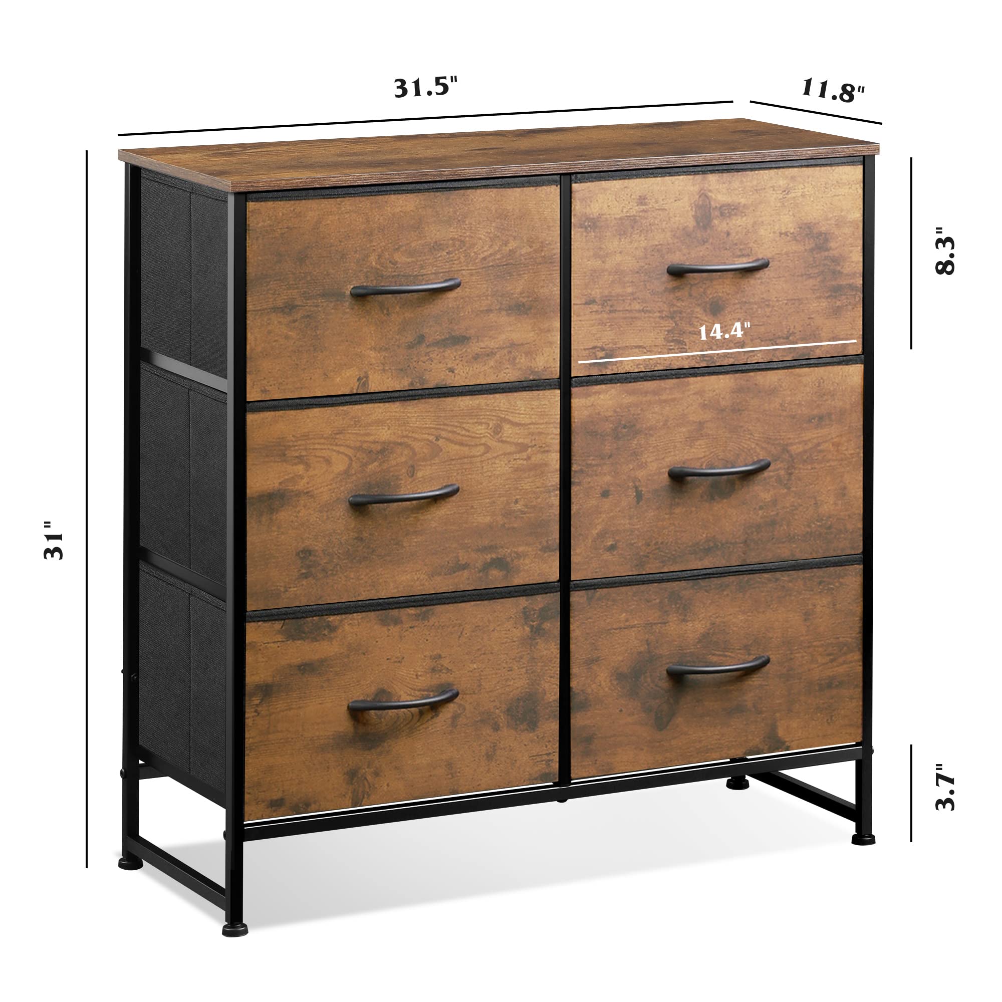 WLIVE 6-Drawer Fabric Dresser for Bedroom - Rustic Brown Wood Grain Storage Tower with Removable Fabric Bins - Perfect for Closet Organization, Living Room Storage & Hallway Decor