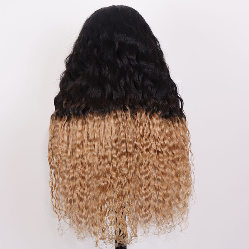 Eullair Ombre 1B Honey Blonde Water Wave Glueless Lace Frontal Wig - HD Lace Pre-Colored Two-Tone Curly Human Hair Wig - Easy Install & Low Maintenance (EW004) - Perfect for Daily Wear, Cosplay & Special Occasions