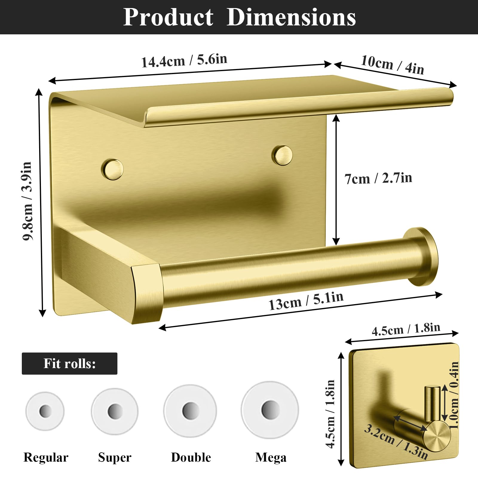 Tindbea Wall Mounted Toilet Paper Holder with Phone Shelf & Towel Hooks - Stainless Steel Bathroom Tissue Roll Dispenser (Brushed Gold) - Adhesive or Screw Installation for Bathroom, Kitchen, RV & Office Organization
