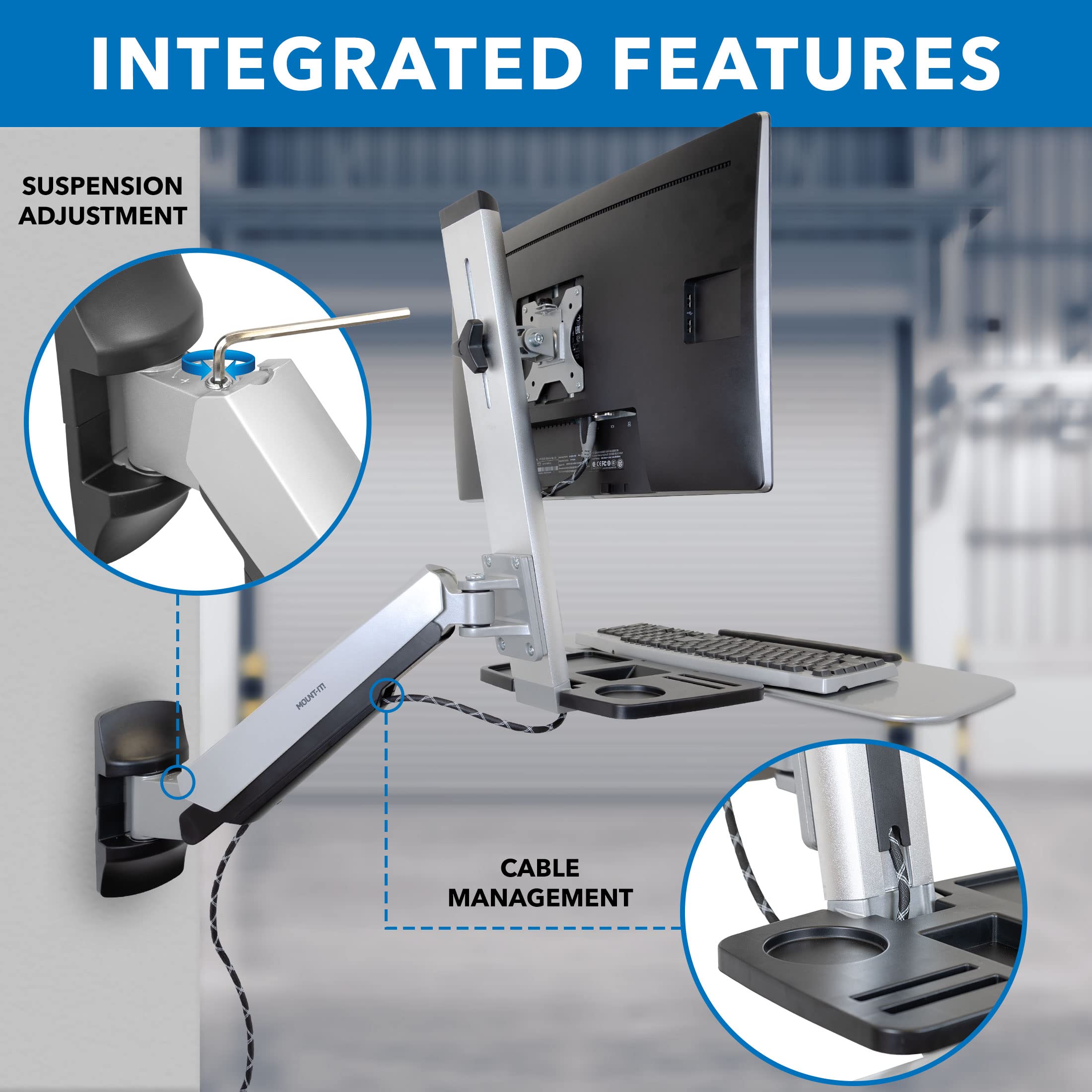 Mount-It! Adjustable Height Sit Stand Wall Mount Workstation - Ergonomic Computer Desk with Articulating Monitor Arm, Keyboard Tray & CPU Holder - VESA 75x75/100x100 (MI-7905) - Perfect for Home Office, Gaming Setup & Workspace Organization
