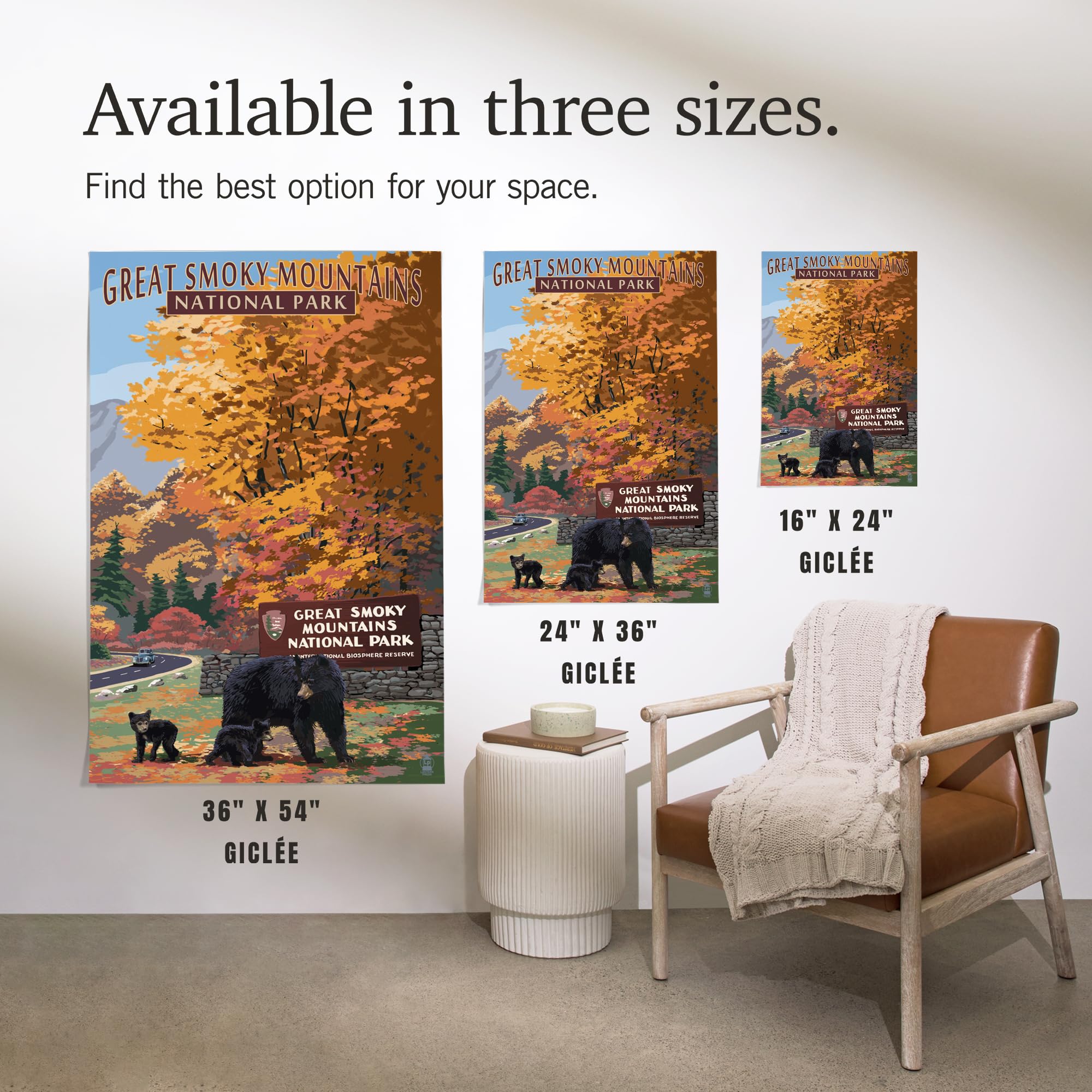 Lantern Press 16x24 Inch Giclee Art Print - Great Smoky Mountains National Park Landscape with Bear Family at Park Entrance - Wall Decor for Living Room, Bedroom & Office