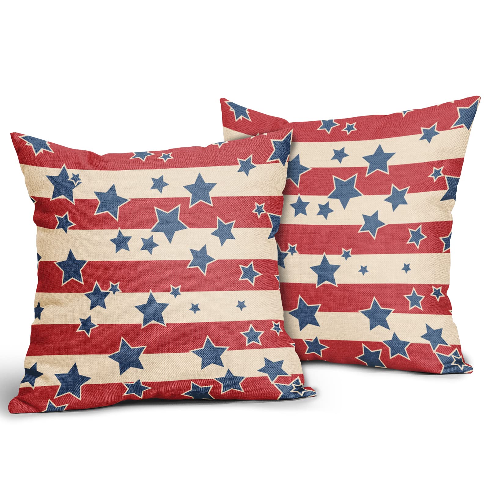 4th of July Patriotic Pillow Covers 18x18 Inch - Rustic Red Stripe & Blue Stars Design - Memorial Day Independence Day Decorative Throw Pillow Cases for Couch, Sofa, Home - Set of 2 - Perfect for Outdoor Decor, Living Room, Porch & Seasonal Celebrations