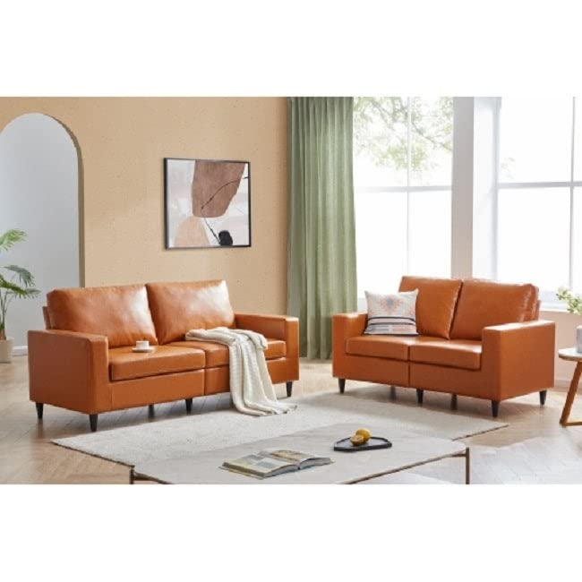 Modern Style Sofa and Loveseat Set - Brown PU Leather Upholstered Couch with Removable Cushions for Living Room, Office or Apartment | Contemporary Foam-Polyester Furniture with Stylish Pattern