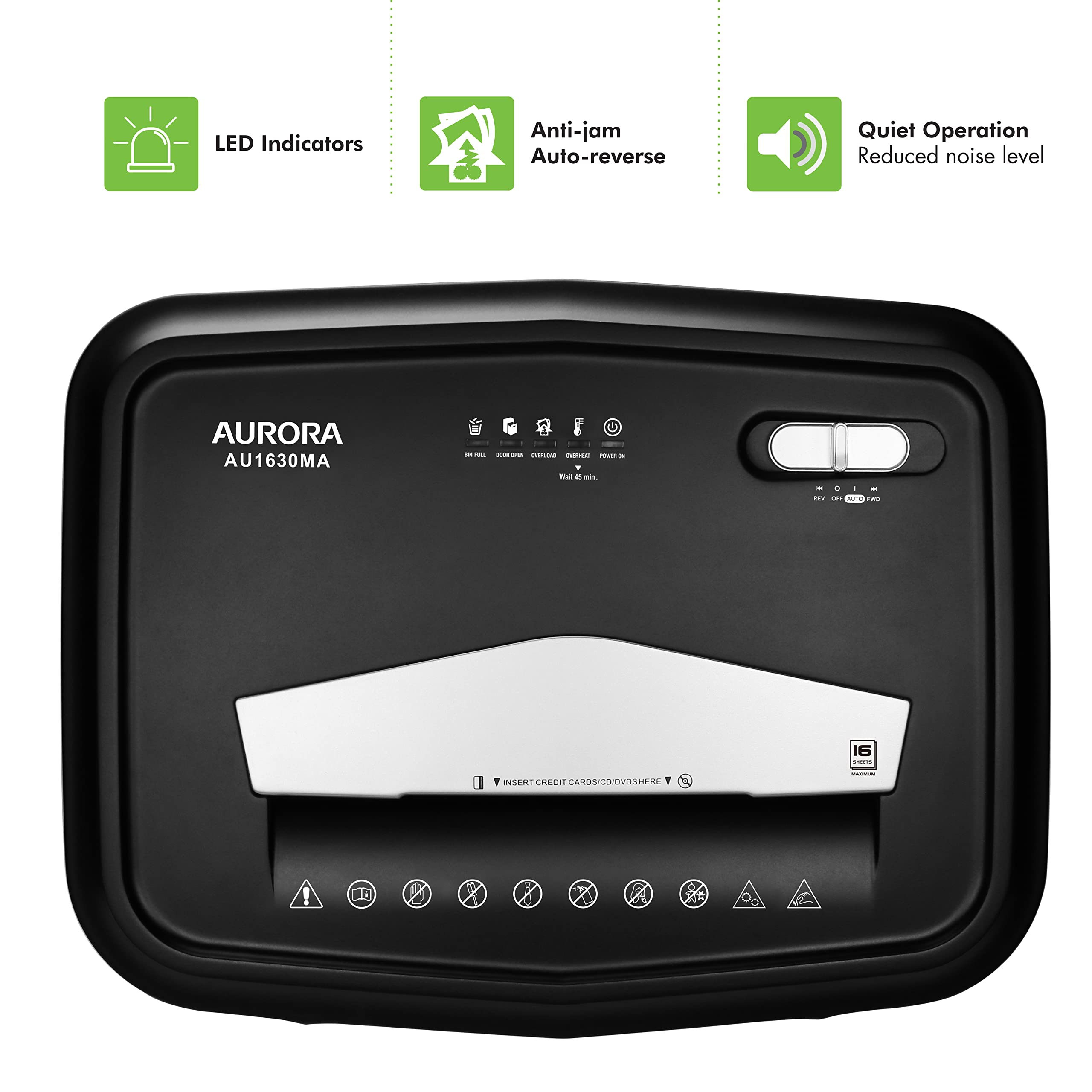 Aurora AU1630MA 16-Sheet Micro-Cut Paper Shredder with CD/Credit Card Slot - Anti-Jam Technology, 10-Min Continuous Runtime - Ideal for Home Office & Small Business Document Security