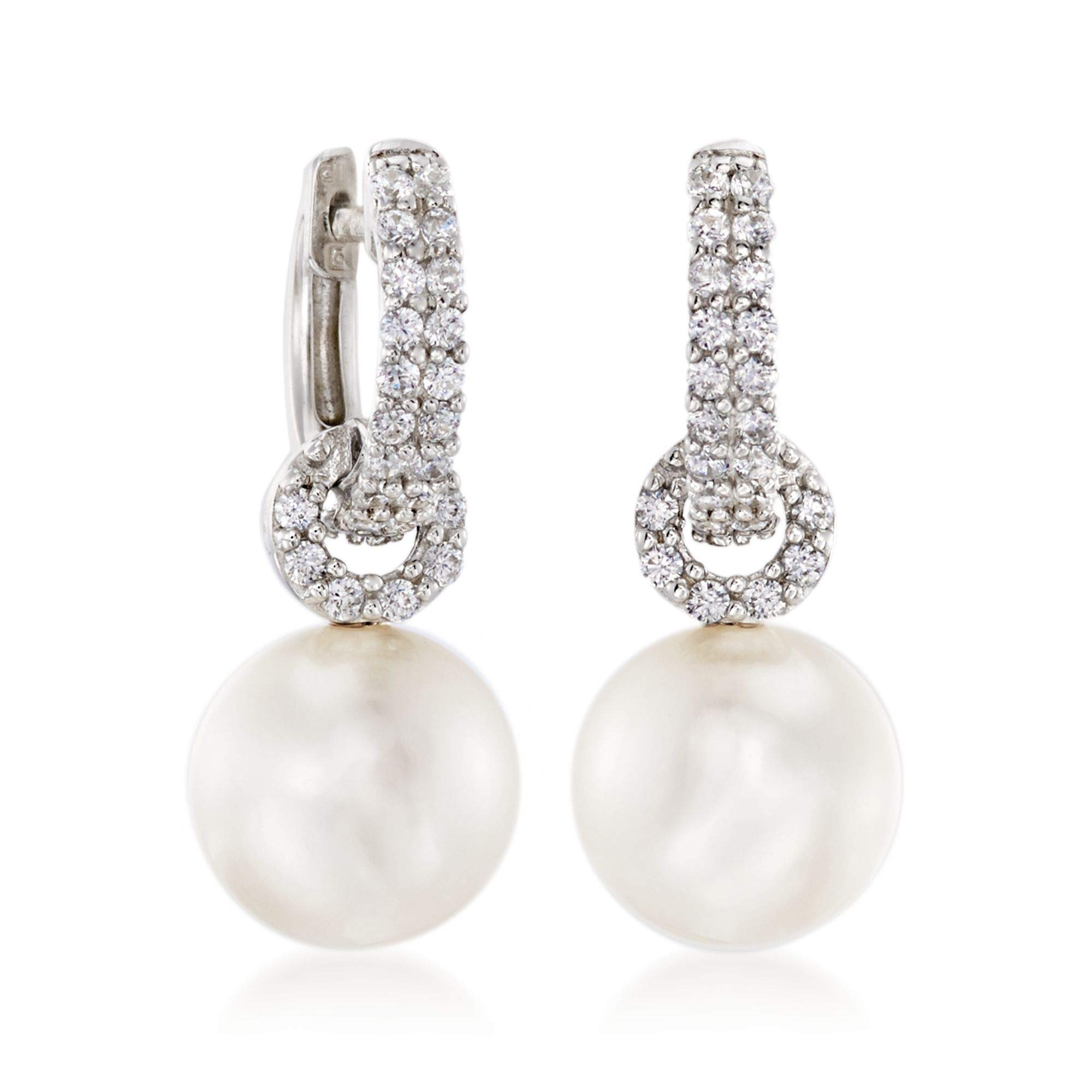 Ross-Simons Sterling Silver Cultured Pearl & 50ct CZ Hoop Drop Earrings - Elegant Jewelry for Weddings, Parties & Special Occasions