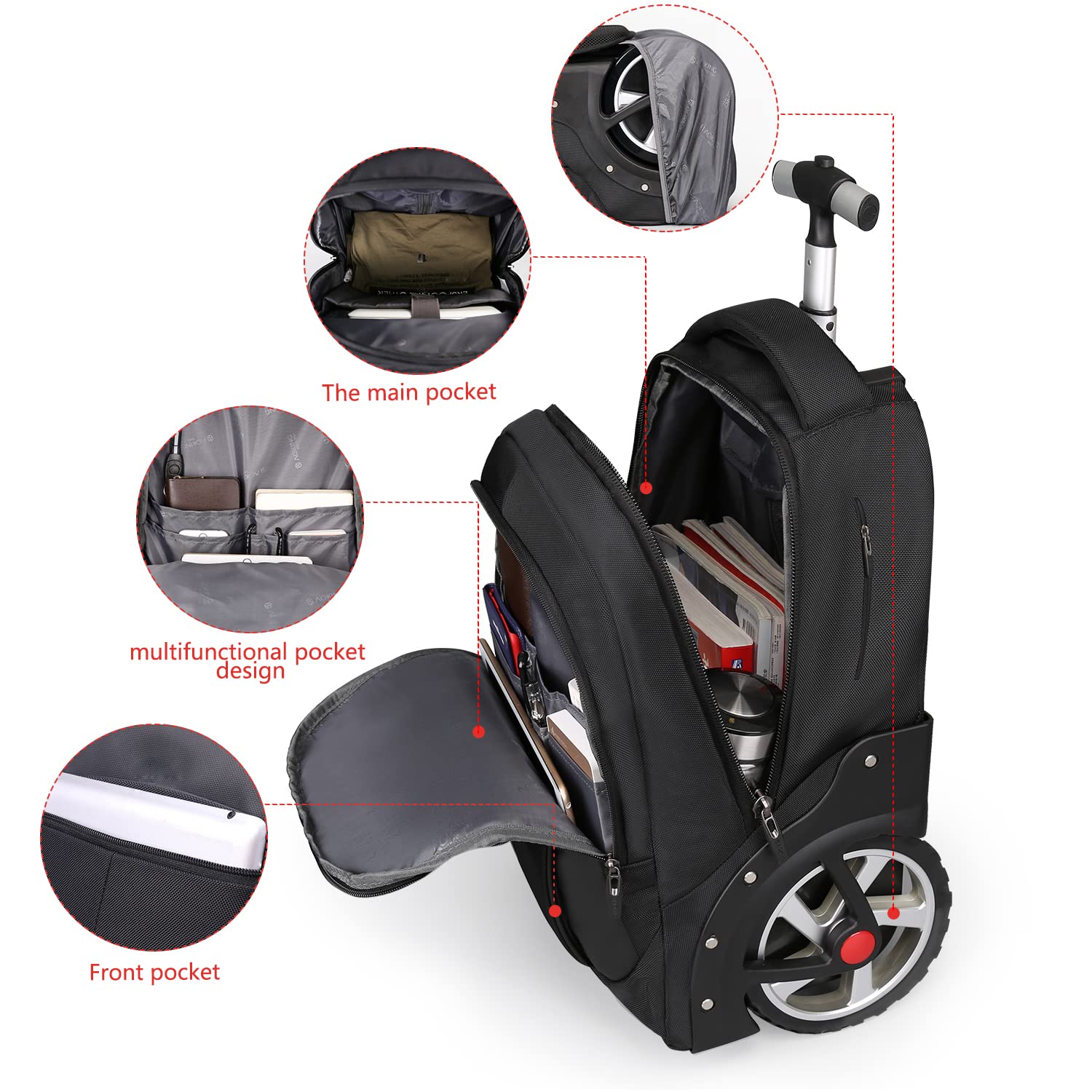 Waterproof Rolling Backpack with Wheels for Business, College & Travel - 17 Inch Laptop Compartment Wheeled Carry On Backpack for Adults - Perfect for Commuting, Air Travel & Campus Life