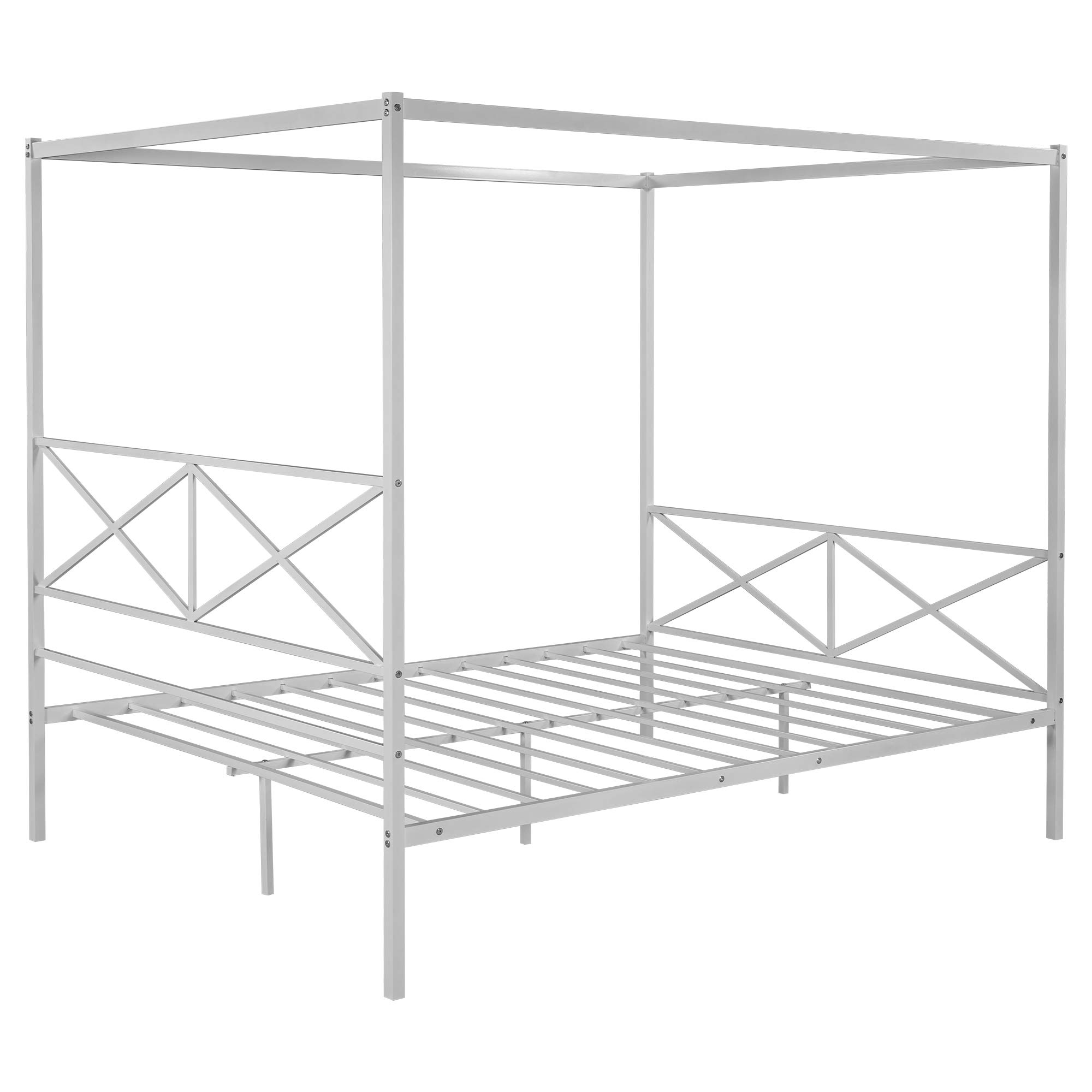 LF 4Post Canopy Bed Frame - Queen Size White Metal Canopy Bed with Headboard & Footboard | Sturdy Metal Slat Support (No Box Spring Required) | Perfect for Master Bedrooms, Guest Rooms & Bohemian Style Decor