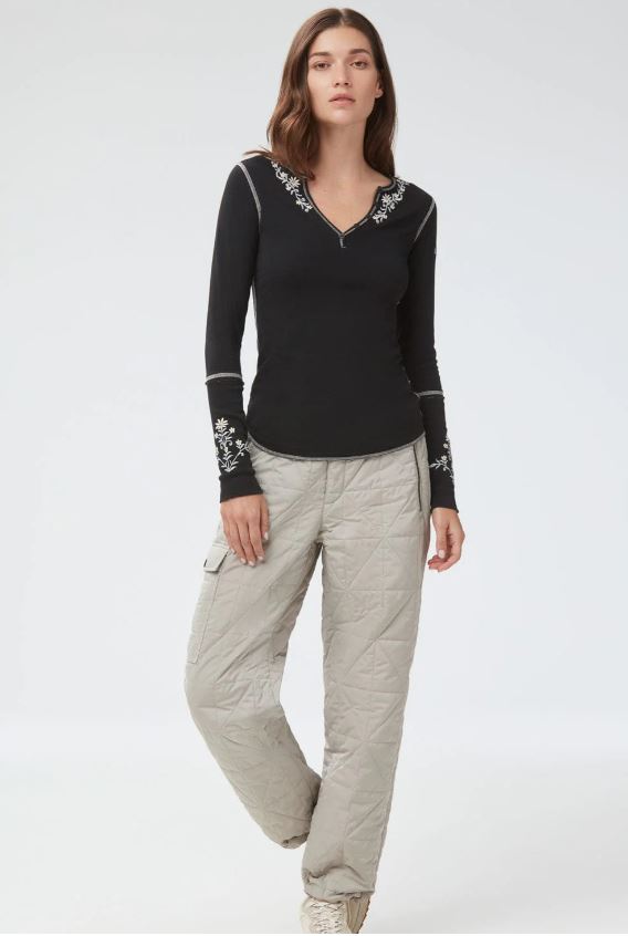 Flora Henley Women's Black Henley Shirt - Casual Long Sleeve Top for Everyday Wear, Layering & Outfits