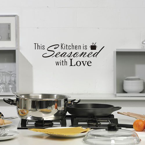 DNVEN Removable Kitchen Wall Decals - 'This Kitchen is Seasoned with Love' Vinyl Quote Sticker (22x8 inches) - DIY Home Decor for Kitchens, Restaurants & Cafes