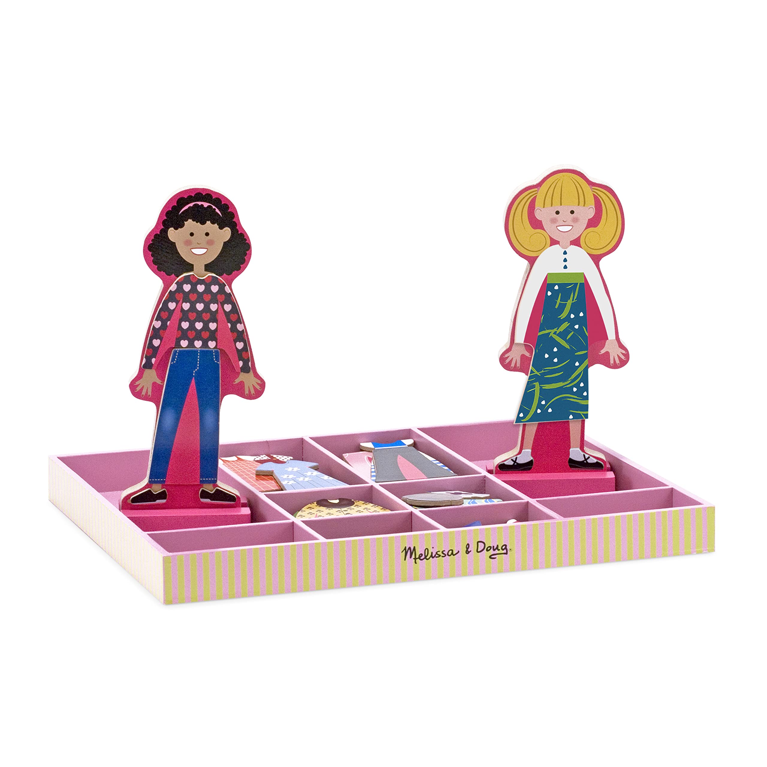 Melissa & Doug Abby and Emma Deluxe Magnetic Wooden Dress-Up Dolls Play Set - 55+ Pieces Magnetic Paper Dolls for Kids Ages 3+ | Pretend Play, Travel Toys, Birthday Gifts for Girls