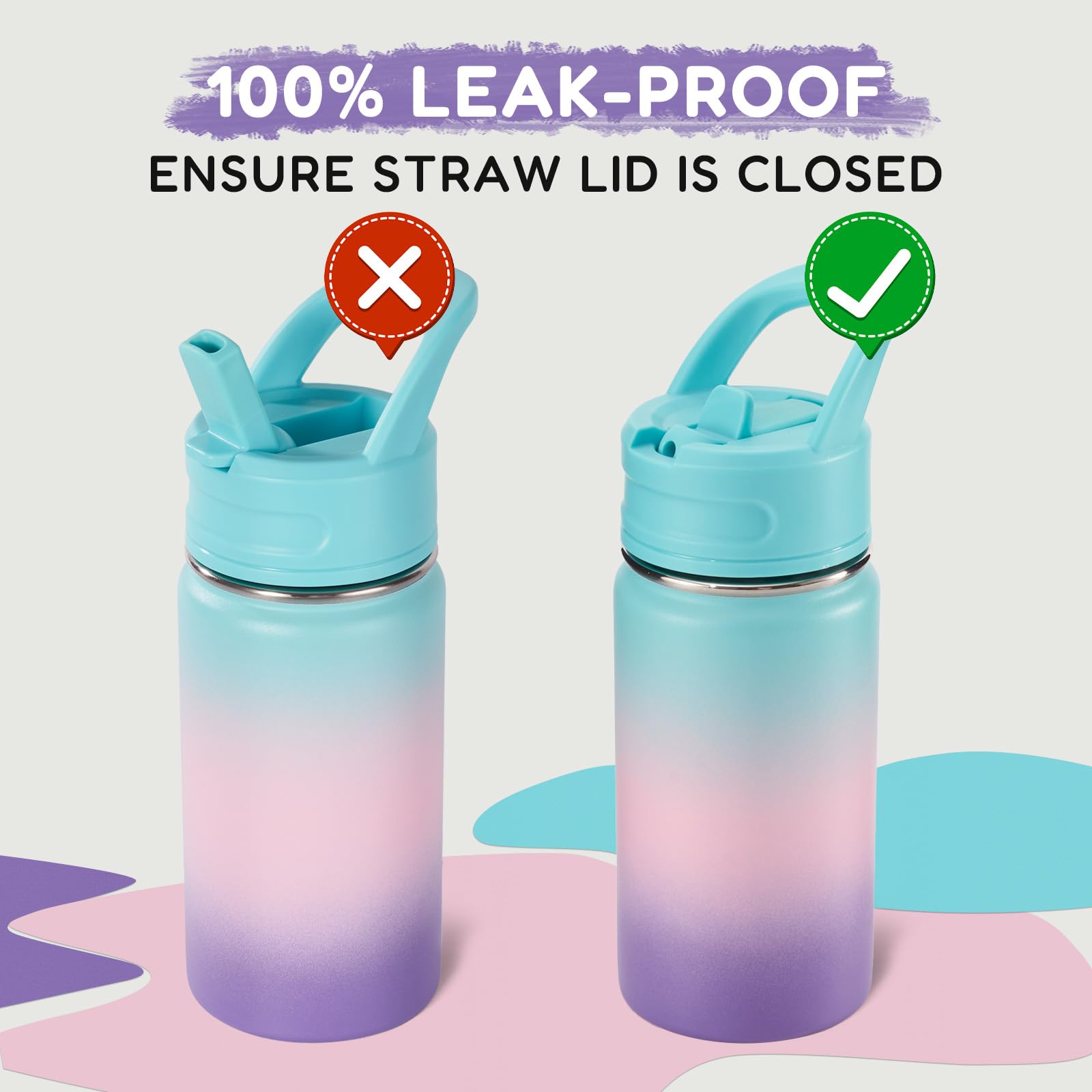 12oz Kids Water Bottle with Straw - Stainless Steel Vacuum Insulated Water Bottle for Toddlers, Boys & Girls - Leak Proof, BPA Free, Aurora Design - Perfect for School, Outdoor Activities & Travel
