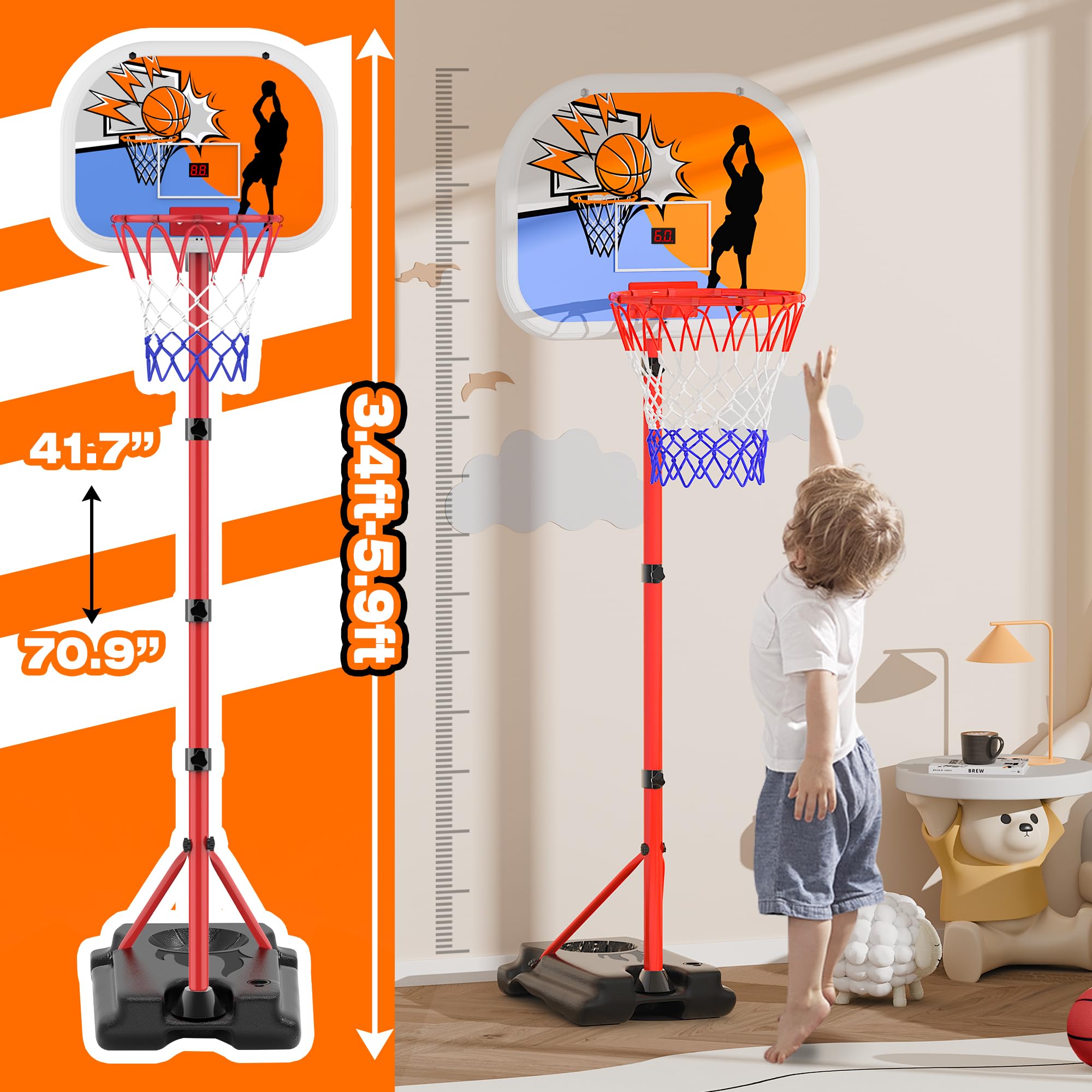 Adjustable Height Kids Basketball Hoop with Electronic Scoreboard (3.4ft-5.9ft) - Indoor/Outdoor Basketball Goal for Toddlers & Children Ages 3-8 - Perfect for Backyard, Playroom & Birthday Gifts for Boys & Girls