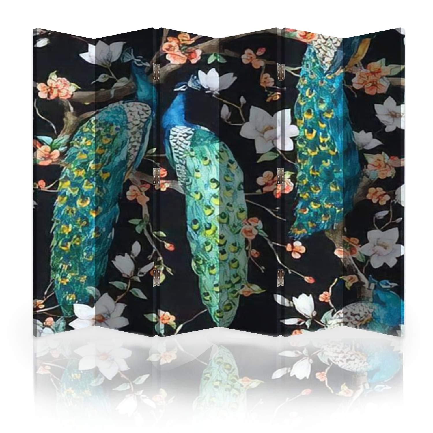 6-Panel Canvas Room Divider Screen with Watercolor Peacock & Cherry Blossom Design - White Magnolia Folding Privacy Partition for Bedroom, Office & Living Space